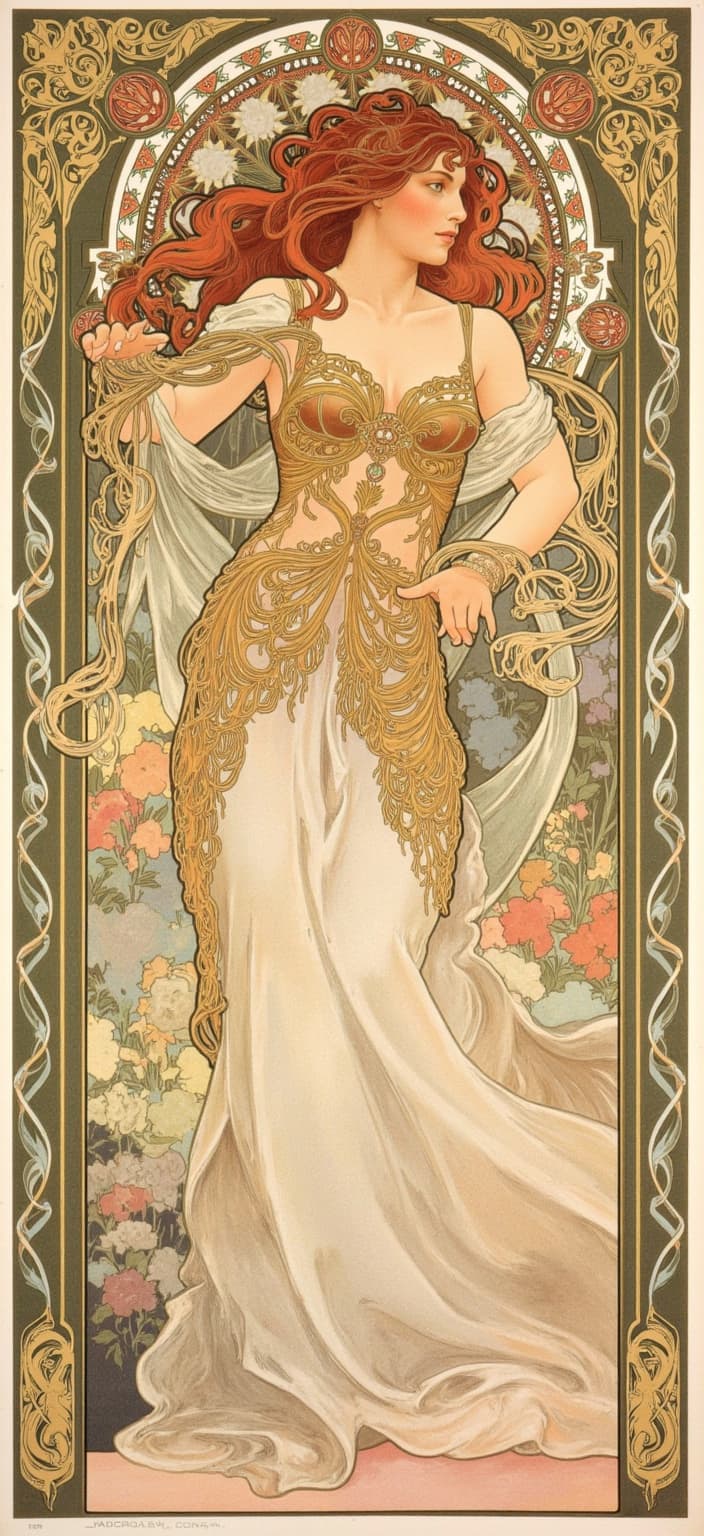 mucha, ('In this enchanting painting, Erza Scarlet is depicted poised for battle, exuding strength and grace in her cool, intricately designed armor. Her stance is confident and commanding, embodying both warrior spirit and elegance. Her armor, adorned with exquisite detailing, is beautifully rendered, showcasing a blend of functionality and artistic embellishment that exudes power and aesthetic charm.\n\nThe art style is a mesmerizing fusion of flowing, organic lines and intricate decorative patterns. The scene is infused with a harmonious blend of natural motifs, such as swirling vines and blooming flowers, enveloping Erza in an aura of enchanting beauty. The background is stylistically crafted to evoke a dreamlike, romantic atmosphere, merging elements of fine art with design in a way reminiscent of Mucha’s iconic works.\n\nDelicate colors permeate the composition, with exuberant floral motifs and sinuous vines leading the eye across the canvas. Subtle geometric patterns appear throughout, adding a refined, ornamental quality that enhances the visual experience. The entire scene is encased within an elaborate ornamental frame, reminiscent of a grand Gothic window. This intricate border, adorned with organic patterns, flowers, and celestial symbols, not only unifies the composition but also invites the viewer into a poetic realm where nature and human emotion beautifully intertwine.\n\nThis artwork, centered and crisply rendered, is perfect for decor, providing a captivating focal point that blends the strength of Erza Scarlet with the timeless elegance of nature-inspired art. The piece serves as both a tribute to fantasy and a celebration of the harmony between warrior strength and artistic beauty.',)