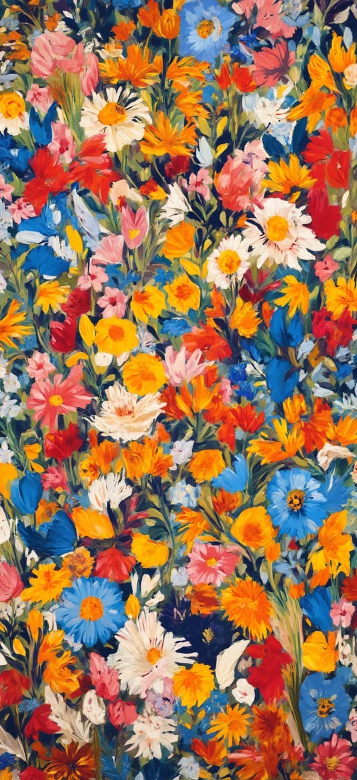 colorful_illustration, A captivating and lively illustration of wildflowers, executed in a vibrant and colorful style that radiates playfulness and dynamic energy. The painting captures the essence of a serene meadow, where an array of wildflowers bloom in vivid hues of red, yellow, pink, and blue. Each flower is meticulously detailed, from the delicate petals to the intricate patterns on their leaves, highlighting the diverse beauty of nature. The background dances with organic shapes that flow seamlessly across the canvas, intertwined with scattered decorative elements such as swirling vines, whimsical leaves, and abstract motifs that add a free-spirited touch to the scene.
The composition is lavish and intricate, drawing inspiration from a blend of Scandinavian folk art and mid-century botanical prints, with a hand-drawn feel. Bold organic shapes are interspersed with delicate details, while ornamental elements like dots, swirls, and abstract motifs are scattered throughout the artwork. This creates a luxurious layering of colors and patterns, imbuing the painting with a sense of depth and movement. Radial floral patterns harmonize across the design, evoking a sense of natural rhythm and flow.
Perfectly suited for a digital wallpaper, the image is centered to ensure a crisp, clean look, making it ideal for printing. The interplay of vibrant colors and intricate designs captures the exuberance of wildflowers in their natural habitat, making for an enchanting and lively composition that brings the beauty of the outdoors into any space.