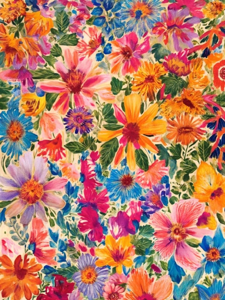 colorful_illustration, The painting is a vibrant and colorful illustration of wildflowers, exuding a playful and dynamic hand-drawn feel. The canvas is alive with a lush tapestry of organic shapes and scattered decorative elements, making every inch a celebration of natural beauty. Various leaves and floral elements weave harmoniously across the scene, creating a natural, free-flowing quality that captivates the eye. Bold organic shapes intermingle with delicate details, enhanced by intricate compositions that feature scattered ornamental elements like dots, swirls, and abstract motifs.
The art piece draws inspiration from a lavish, decorative style where luxurious layers of colors and patterns create a profound sense of depth and movement. The organic shapes and radial floral patterns evoke the charm of Scandinavian folk art, blending seamlessly with mid-century botanical prints. This intricately detailed illustration of wildflowers captures the essence of nature's untamed elegance, making it an ideal centerpiece that resonates with a hand-drawn aesthetic.
The painting is centered meticulously to ensure a crisp, clean look, perfect for digital-wallpaper application. It serves as a stunning backdrop, inviting viewers to immerse themselves in its rich, colorful tapestry while adding a touch of nature's whimsy to any digital space.