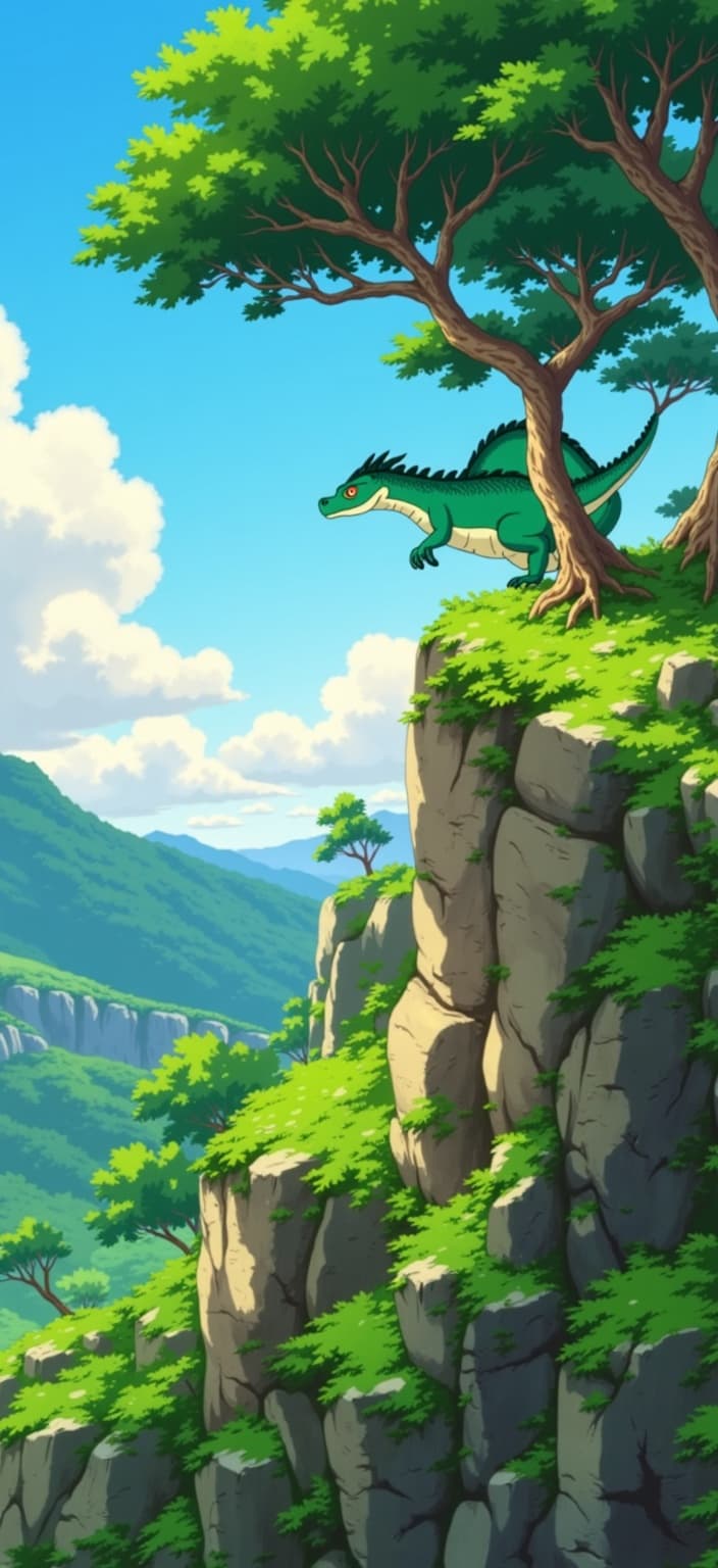 ghibli_illustration, ("Create a captivating 1920 x 1080 background painting that features a majestic Sea Green dragon perched gracefully on a beautiful hill. The hill is adorned with lush, verdant plants and trees, each leaf and branch meticulously rendered to convey a sense of life and movement. The scene should be painted in the style of hand-drawn animation, emphasizing richly detailed backgrounds and expressive character designs. The dragon, as the central focal point, should exude a whimsical and joyful aura, crafted with bright yet slightly muted colors to maintain a dreamy, nostalgic quality.\n\nEmploy soft, painterly textures that echo a hand-drawn feel, complete with pencil sketches and subtle imperfections, to breathe organic movement into the composition. Use warm, natural lighting to create a cozy, inviting mood, allowing sunbeams to dapple through the tree canopy and dance across the dragon's iridescent scales. The surroundings should avoid harsh contrasts, maintaining a harmonious, dreamlike atmosphere that feels both tangible and lived-in.\n\nEnsure that the Sea Green dragon is accurately proportioned and clearly visible amidst its lush environment, serving as a mesmerizing centerpiece. This art piece, suitable for decor, should evoke a sense of nostalgia and magic, offering viewers a vivid escape into a world where imagination and nature intertwine seamlessly.",)
