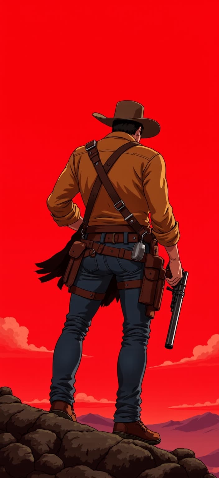 ghibli_illustration, Enriched prompt: This digital wallpaper captures the back of Arthur Morgan, a character exuding rugged determination, holding a gun with his right hand. He occupies the left half of the painting, standing prominently against a vibrant, full red background. The artwork draws inspiration from a hand-drawn animation style, characterized by richly detailed backgrounds and expressive character designs. Every element is infused with bright colors that conjure a whimsical and joyful aesthetic, while soft, painterly textures give the scene a hand-drawn feel. Pencil sketches introduce subtle imperfections, lending an organic movement to the piece.
Arthur Morgan is rendered with accurate proportions, his cowboy attire meticulously detailed to highlight the wear and tear of an adventurous life. His stance is confident and steadfast, with the slight twist of his torso revealing just enough of his rugged profile to suggest an intriguing backstory. The warm, natural lighting gently cascades over his form, creating a cozy, inviting mood amidst the vivid yet slightly muted tones of the background. This avoid harsh contrasts, maintaining a dreamy, nostalgic quality.
The background, though predominantly red, comes alive with textures that subtly suggest a vast, open landscape, evoking the untamed wilderness Arthur roams. Everyday objects and textures are rendered with precision, grounding the scene in a tangible reality despite its dreamlike aura. This carefully crafted composition ensures the main subject is clearly visible and proportioned, making it a perfect centerpiece for any digital wallpaper, promising to transform any screen into a window to a nostalgic, animated Western realm.