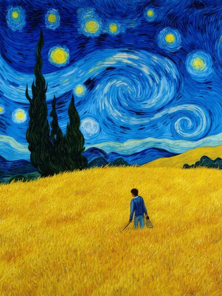 van_gogh, Enriched prompt: Imagine a breathtaking painting that captures the romantic intensity of a wheat field under a starry night sky. The vibrant field is alive with the golden hues of wheat, their heads bowing under the gentle night breeze, while a dedicated wheat snapper diligently works amidst the crops, bringing a sense of human presence and toil to the landscape. Towering cypress trees punctuate the scene, their dark silhouettes standing in stark contrast against the swirling, pulsating sky.
The sky itself is a swirling masterpiece—a cacophony of rich blues and deep indigos interspersed with bright, swirling stars that seem to dance and vibrate across the canvas. The composition is enhanced with bold, expressive strokes that evoke a sense of movement and life, reminiscent of curling flames that twist and turn with emotion and urgency.
The color palette is intense and dynamic, utilizing bold complementary contrasts such as the cool blues of the sky against the warm, golden yellows of the wheat and the deep greens of the cypress trees. These contrasts are applied in thick, impasto layers that add texture and depth to the painting, creating an almost three-dimensional impact.
Loose, energetic brushstrokes give the piece a rhythmic, pulsating quality, while the swirling patterns and linear details instill a feeling of movement, as if the entire scene is caught in a moment of dynamic transformation. The emotional intensity and urgency are palpable, drawing viewers into this deeply personal, yet universally compelling artwork.
This exquisite painting is designed to be the centerpiece of a digital wallpaper, ensuring a crisp, clean look that is perfect for printing, capturing the essence of the scene in vivid detail for a stunning visual display.