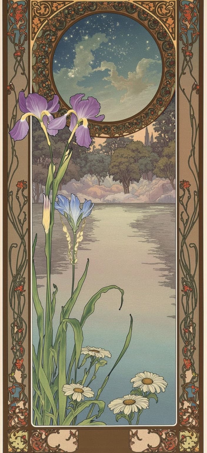 mucha, Create a dreamlike painting that captures the serene edge of a tranquil lake beneath a shimmering, starry night sky. This ethereal scene is inspired by the flowing, organic lines and intricate decorative patterns characteristic of the Art Nouveau style, particularly drawing inspiration from the works of Alphonse Mucha. The composition is devoid of people and buildings, focusing instead on the lush natural elements that inhabit this enchanting landscape.
In the foreground, delicate iris flowers, bullrushes, and slender reeds sway gently, their forms enhanced by the sinuous, graceful lines typical of Art Nouveau. The background features a harmonious interplay of alder and willow trees, their branches extending elegantly and merging with the intricate patterns of the sky. Intertwined vines and blossoming flowers weave through the composition, creating a tapestry of nature's beauty.
The color palette is a symphony of delicate hues—soft purples, gentle blues, and tender greens that evoke a sense of romance and tranquility. This harmonious blend of colors and motifs is set against a highly stylized background that merges fine art with design, crafting an ethereal, dreamlike aesthetic.
An elaborate ornamental border envelops the scene, its design inspired by Art Nouveau whiplash curves and organic patterns, with no symmetry on the sides to maintain an organic feel. This intricate frame is adorned with flowers and celestial elements, providing a rich, decorative perimeter that enhances the overall composition. Notably, a large purple iris flower gracefully emerges from the scene, encroaching upon the border on the left-hand side. Facing this iris, a remarkable blue-green dragonfly, its iridescent wings aglow, becomes a focal point. Additionally, another large dragonfly is artistically positioned below it on the right-hand side, adding to the balance of the scene.
This visual narrative, suitable for a digital wallpaper, encapsulates a dreamlike escape into nature's embrace, capturing the romantic essence of Mucha's work and providing a perfect backdrop for a smartphone aesthetic.