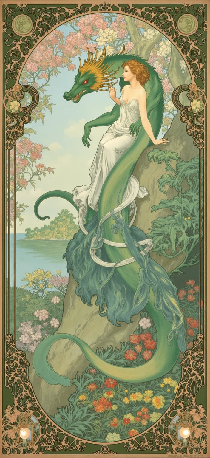 mucha, ("Enriched prompt: \n\nImagine a captivating desktop background that captures the enchanting presence of a Sea Green dragon majestically poised atop a beautiful hill. The scene is alive with lush plants and trees, their verdant foliage whispering of ancient secrets and untold magic. In the foreground, the dragon's scales shimmer like precious gemstones, each reflecting the undulating hues of the surrounding landscape, while its eyes gleam with wisdom and mystique.\n\nExecuted in a style inspired by the flowing, organic lines and intricate decorative patterns that characterize Mucha’s renowned artistry, the painting luxuriates in a harmonious blend of natural motifs. A dreamlike realm unfurls as sinuous vines and resplendent blooms weave across the canvas, accompanied by celestial elements that twinkle subtly in the background. The stylized landscape invites the viewer into a romantic aesthetic where nature and imagination meld seamlessly.\n\nThe composition is further enriched with a refined, ornamental quality, as the dragon’s powerful presence is softened by delicate colors and exuberant floral motifs. The scene is encapsulated within an elaborate ornamental frame, its sweeping curves echoing the grand arches of a Gothic window. This intricate border, adorned with organic patterns, flowers, and celestial symbols, frames the artwork and beckons the observer to step closer into a realm where emotion and nature are entwined in poetic harmony.\n\nPerfectly centered, the painting presents a crisp, clean look, making it an ideal piece for decor. Every element is meticulously balanced, ensuring that the finished product is not only a striking visual masterpiece but also a serene and inspiring addition to any space.",)