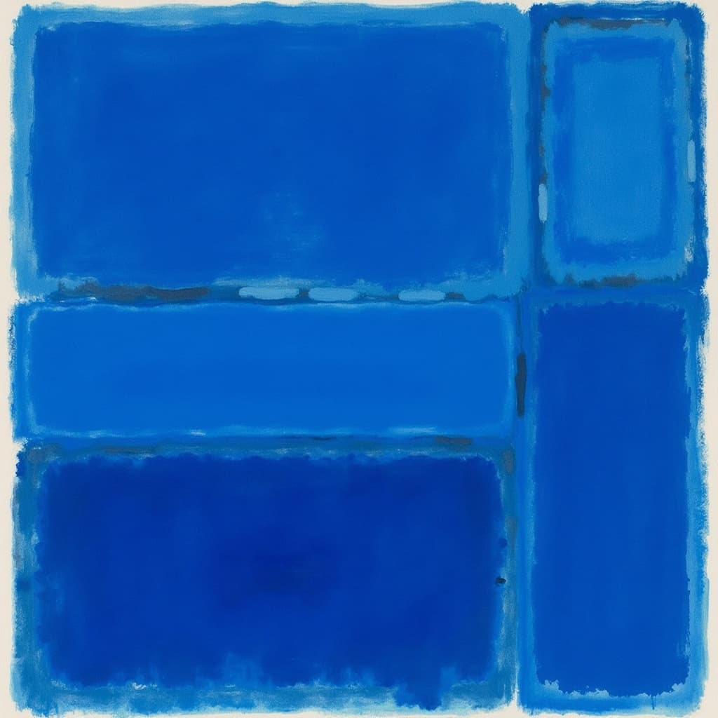 rothko, Create a captivating piece of wall art featuring blurred rectangular shapes in deep blue, expertly composed in a style synonymous with complex layering of translucent color. This painting embodies an enchanting interplay of light, creating an extraordinary display of "inner light" and remarkable luminosity. At close proximity, viewers will notice how the deep blue colors seem to melt and seamlessly fuse together, with indistinct boundaries between the shapes. From afar, these soft-edged rectangles appear to hover weightlessly on the canvas, forming ethereal, floating zones of color. The richly varied surfaces, enhanced with drips or strokes of paint that traverse in unconventional directions, add an element of surprise and wonder to the artwork. Center this striking creation to ensure a crisp, clean aesthetic that is perfectly suited for wall art, inviting viewers into a realm of abstract depth and visual harmony.