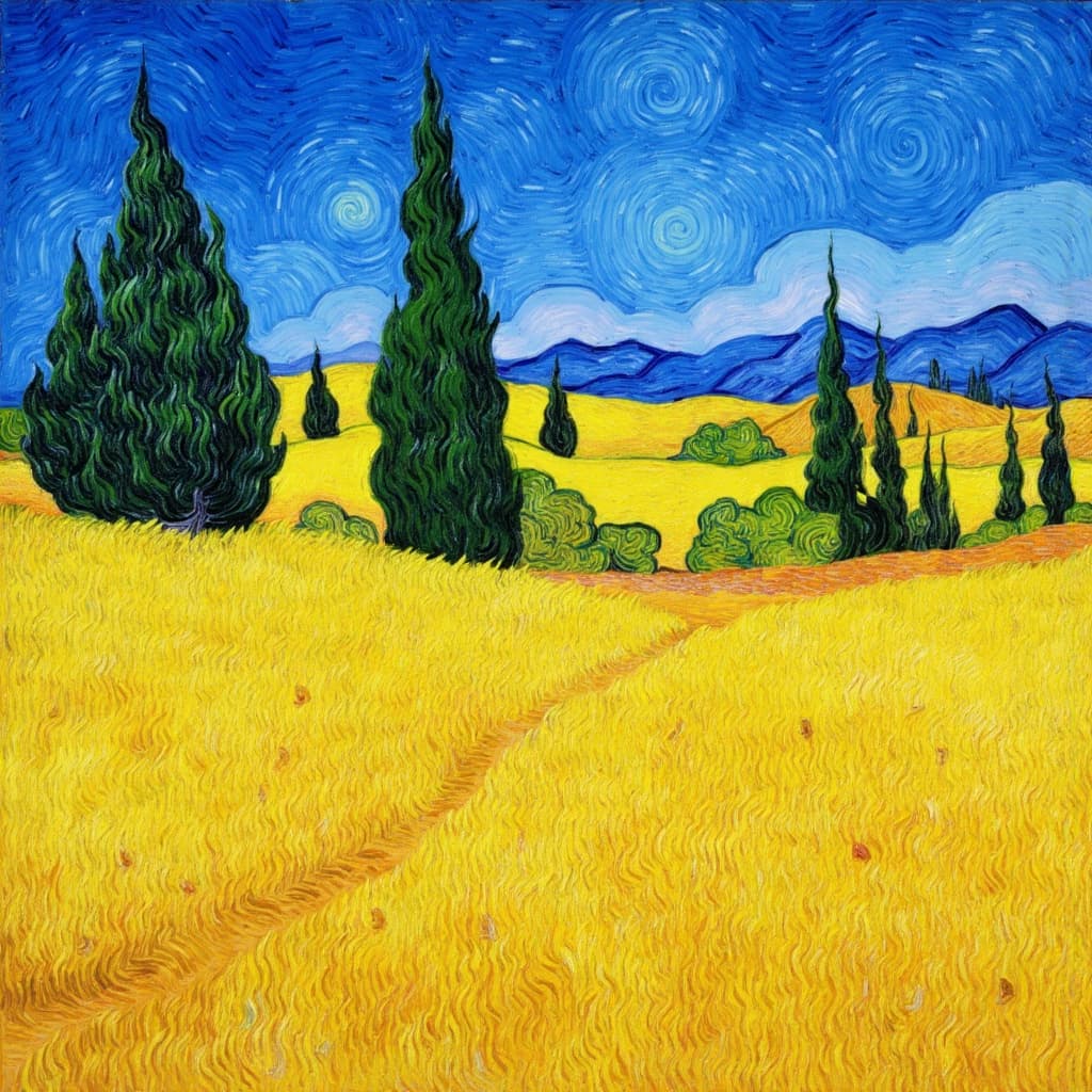 van_gogh, In this digital wallpaper, imagine a captivating scene of a wheat field with cypress trees, brought to life through a painting style that emphasizes intense color and dynamic brushwork. The expansive wheat field stretches across the scene, its golden hues glowing under the vibrant light of the sun, thickly applied with impasto techniques to add texture and dimension. The cypress trees stand tall and dark green, their forms swirling upwards in rhythmic, flame-like patterns, conveying a sense of movement.
The composition is bold and expressive, with rich, vivid colors that contrast dramatically. The deep blue sky meets the warm yellow and gold of the wheat field, while hints of orange and purple intermingle, creating a striking visual impact. The brushstrokes are energetic and loose, weaving through the scene with an almost pulsating quality, drawing the eye towards the horizon.
This artwork captures raw emotion and a sense of urgency, making it both a deeply personal piece and one that resonates universally. The rhythmic patterns and vigorous linear strokes bring life and motion to the painting, making it a compelling centerpiece for any digital wallpaper, ensuring a crisp, clean look that is ideal for printing.