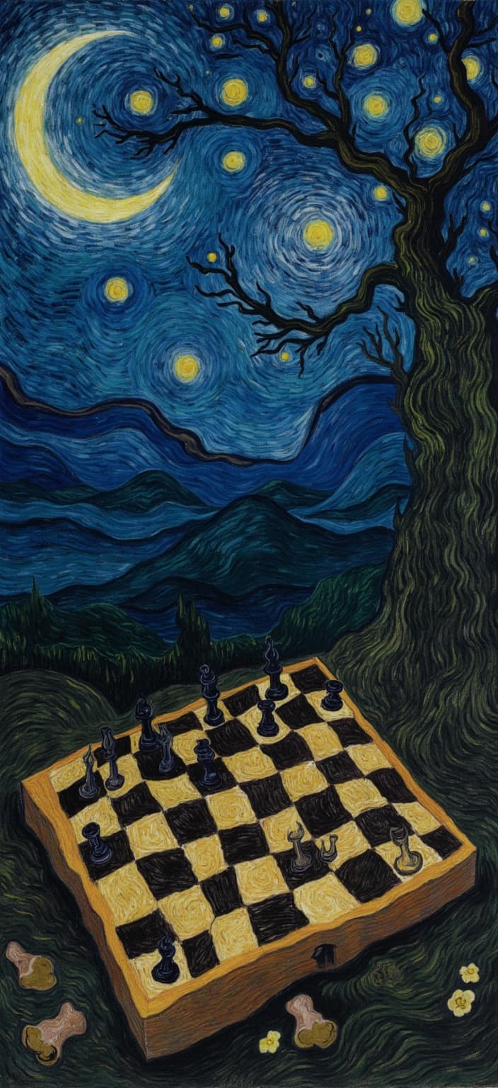 van_gogh, Enriched prompt: The painting features an evocative and intense scene where a dark, moody chessboard sits prominently in the foreground beneath the swirling, celestial panorama of Van Gogh’s iconic "Starry Night." The artwork, inspired by Van Gogh's post-impressionist style, captures the interplay of night and mystery with vivid, rich colors applied in thick, impasto layers. The chessboard and its pieces are bathed in the delicate, yet striking illumination of the starlit night, with hues of deep blues and blacks juxtaposed against vibrant yellow highlights, mirroring the luminous sky above.
The scene is brought to life through the artist's use of loose, energetic brushstrokes, creating a rhythmic, almost pulsating atmosphere. Bold complementary color contrasts, such as blue against orange or yellow against purple, heighten the visual impact, drawing the viewer into the painting's emotional depth. The expressive brushwork is dynamic, with swirling, flame-like patterns that breathe life and movement into the composition, capturing a sense of urgency and raw emotion.
This digital-wallpaper-ready artwork has a crisp, clean focus on the chessboard, ensuring its suitability for printing as a digital wallpaper. It combines a dreamlike composition with the quintessential aspects of Van Gogh's expressive style, resulting in a piece that is both deeply personal and universally compelling, inviting viewers to delve into the mystery and depth it portrays.