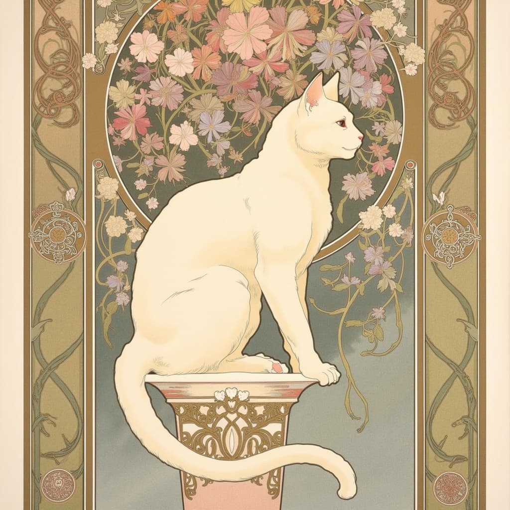 mucha, A captivating painting centered around a serene white cat perched gracefully beside an ornate vase. The scene draws inspiration from the flowing, organic lines and intricate decorative patterns of Art Nouveau, reminiscent of Alphonse Mucha’s iconic works. The cat, with its fur as pure as freshly fallen snow, exudes an air of quiet contemplation, its poised silhouette harmoniously integrated with the surroundings.
The vase, an exquisite masterpiece in itself, overflows with a lush bouquet of intricately detailed flowers, each petal meticulously rendered to capture the essence of a blooming garden. Sinuous vines weave delicately around the vase, their tendrils extending beyond the scene to create a sense of continuity and unending beauty. The background unfolds in a highly stylized manner, a dreamlike tapestry of celestial elements and natural motifs, blending seamlessly to evoke a romantic and ethereal atmosphere.
This enchanting composition is imbued with Mucha’s signature blend of delicate pastels and exuberant floral motifs, where soft hues of lavender, rose, and gold intertwine to weave a tapestry of refined artistry. The entire scene is framed within an elaborate ornamental border, echoing the grandeur of a Gothic window. This frame, adorned with sweeping curves, organic patterns, flowers, and celestial symbols, not only encapsulates the artwork but also serves as a gateway into a poetic realm where nature and emotion become one.
Designed with precision for wall art, the image boasts a crisp, clean look that captures the imagination and invites viewers to lose themselves in its enchanting details, making it a perfect piece to elevate any space with its dreamlike aesthetic.