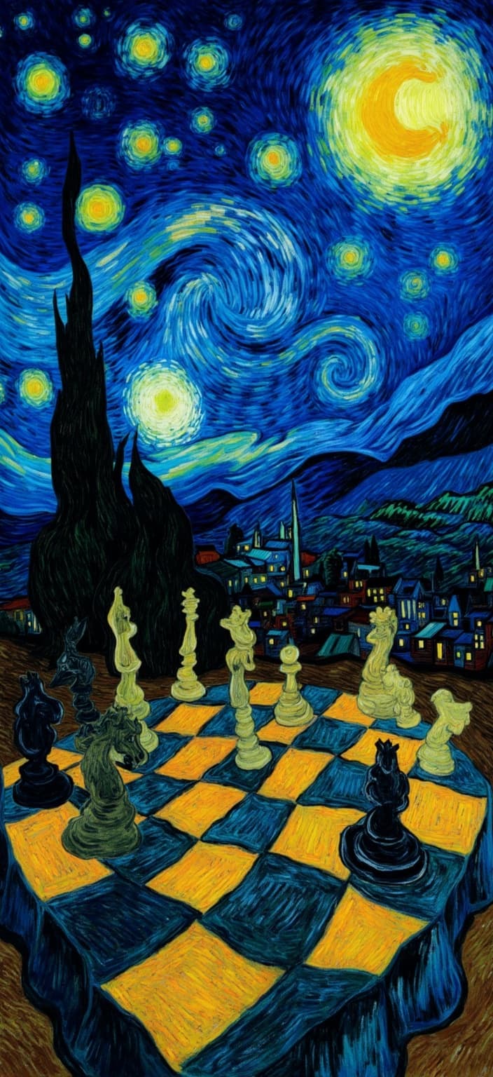 van_gogh, In this captivating digital wallpaper, the viewer is drawn into a mesmerizing scene where a dark, moody chessboard takes center stage under the swirling stars inspired by Van Gogh’s iconic "Starry Night." Painted in the post-impressionist style, this artwork beautifully integrates the intense color, dynamic brushwork, and bold, expressive compositions that define this era. The chessboard, along with its pieces, is subtly illuminated by the starlight, casting deep blues, blacks, and vibrant yellow highlights that reflect the enigmatic night sky.
The composition evokes mystery and depth, achieved through Van Gogh’s signature thick texture and expressive brush strokes. The vivid, rich colors are applied in impasto layers, creating a sense of movement and emotional depth that is both captivating and immersive. The chessboard's arrangement is highlighted by bold complementary color contrasts—such as blue and orange, or yellow and purple—heightening the visual impact and intensity of the scene.
The brushstrokes are loose, energetic, and swirling, with curly, flame-like patterns that give the painting a rhythmic, almost pulsating quality. This dynamic touch, combined with vigorous, linear patterns, instills a unique sense of motion and life within the piece. The artwork is infused with raw emotion and a sense of urgency, making it both deeply personal and universally compelling. Centered perfectly for a crisp, clean look, this digital wallpaper transforms any space with its dreamlike composition, inviting viewers to ponder the strategic mysteries of the chessboard and the infinite wonders of the night sky.