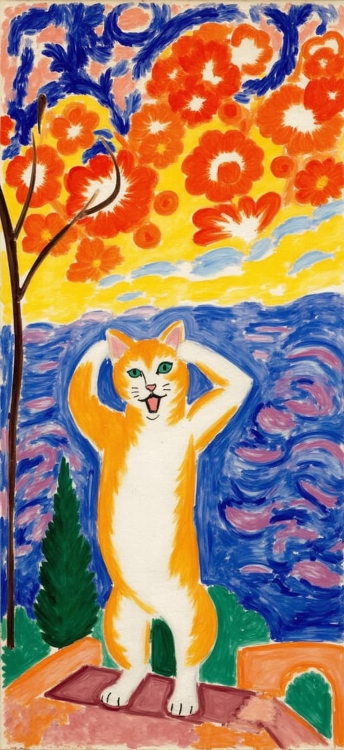 mattise_nice, Title: "The Feline's Scream in Nice"
Enriched Prompt: Imagine a vibrant and captivating digital painting that humorously reimagines a classic scene in the style of Henri Matisse's "Nice" period. At the heart of this masterpiece is a wide-eyed cat standing dramatically on a rustic bridge, caught in a moment of exaggerated surprise. The cat, with its mouth agape in a dramatic, exaggerated scream, mirrors the familiar intensity of Edvard Munch’s 'The Scream,' yet its expression is tinged with a delightful touch of surreal comedy. Its paws cover its ears, seemingly overwhelmed by the cacophony of the colorful world around it.
The painting draws inspiration from Matisse's distinctive style, characterized by bold colors, dynamic brushwork, and expressive compositions. The cat's fur is illustrated with lively hues that echo the vibrancy of Matisse's palette, with each brushstroke radiating energy and emotional depth. Rich, impasto layers lend a tactile quality to the piece, inviting viewers to almost feel the texture as they gaze upon it.
The background is a tour de force of swirling sunset skies, alive with flame-like patterns. Vivid oranges dance with deep purples and cool blues, creating a rhythmic symphony of color that pulses with life. These hues, applied with loose, energetic strokes, contrast boldly—such as the striking juxtaposition of blue against orange and yellow against purple—heightening the visual impact and intensity of the artwork.
The composition, centered perfectly to suit its intended purpose as a digital wallpaper, makes for a crisp and clean visual experience. This meticulous centering draws the eye to the dynamic interaction between the surreal, comical cat and its vibrant surroundings, establishing a scene that is both deeply personal and universally appealing.
In this delightful homage, the painting captures the essence of drama, surrealism, and humor in a style that is both reminiscent of Matisse and uniquely its own. An ideal choice for digital wallpaper, this masterpiece invites viewers to immerse themselves in its whimsical charm, where the everyday world transforms into a vibrant tableau of color and emotion.