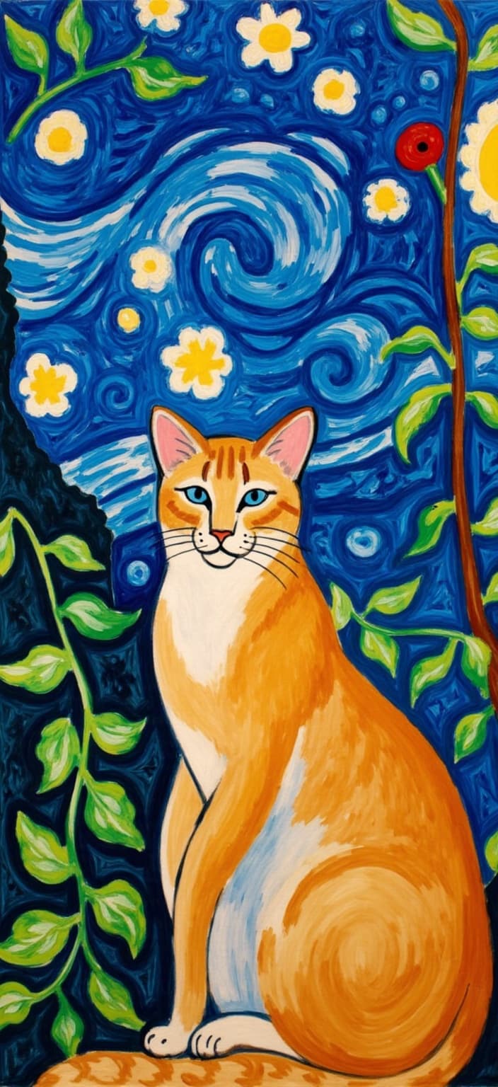 mattise_nice, In the center of the painting, a resplendent golden cat sits regally, its fur glistening like sunlit silk. Its captivating blue eyes, deep and piercing, gaze directly at the viewer, creating an immediate connection. The cat's tail elegantly curls upward, exuding a sense of poise and grace. Surrounding this feline figure, the background draws heavy inspiration from Van Gogh's iconic "Starry Night," yet with a distinctive twist—plants, leaves, and intricate veins intricately intertwine with the swirling celestial patterns, merging seamlessly into the night sky. The rich blues and vibrant hues of the sky create a mesmerizing backdrop, with the stars and cosmic elements appearing more distant, drawing the viewer's focus onto the magnificent cat.
Incorporating elements of Matisse's vibrant "Matisse in Nice" style, the composition is infused with bold, vivid colors and simplified forms that add a touch of modern elegance to the scene. The lush foliage and organic forms surrounding the cat further echo Matisse's playful and flowing lines, adding a whimsical dimension to the piece.
This digital wallpaper is meticulously designed to be crisp and clean, with a balance of color and detail perfect for high-resolution display. The composition is centered, ensuring an aesthetically pleasing visual experience that is both striking and serene, ideal for transforming your PC screen into a captivating work of art.