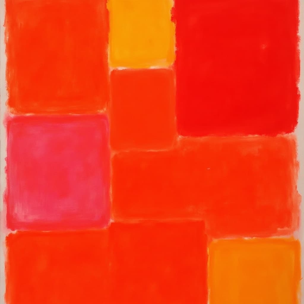 rothko, Enriched prompt: The painting features an array of abstract color fields in vivid shades of red and orange, set against a serene backdrop that echoes a sense of depth and tranquility. Embracing a complex layering technique, the composition draws inspiration from the style characterized by translucent colors that allow light to filter through, evoking an "inner light" and a remarkable luminosity. Each hue seems to melt and fuse seamlessly with its neighbors, with intentionally blurred boundaries that create a sense of harmonious fluidity. From a distance, the soft-edged rectangles appear to float effortlessly on the canvas, hovering as if weightless in their colorful embrace. This ethereal effect is further enhanced by the richly varied surface textures, where paint drips or strokes, defying convention, run in unexpected directions, adding a dynamic and spontaneous element to the piece. The painting is centered to ensure a crisp, clean look, perfectly suited for transforming into an exquisite piece of wall art that captivates viewers with its mesmerizing interplay of light and color.
