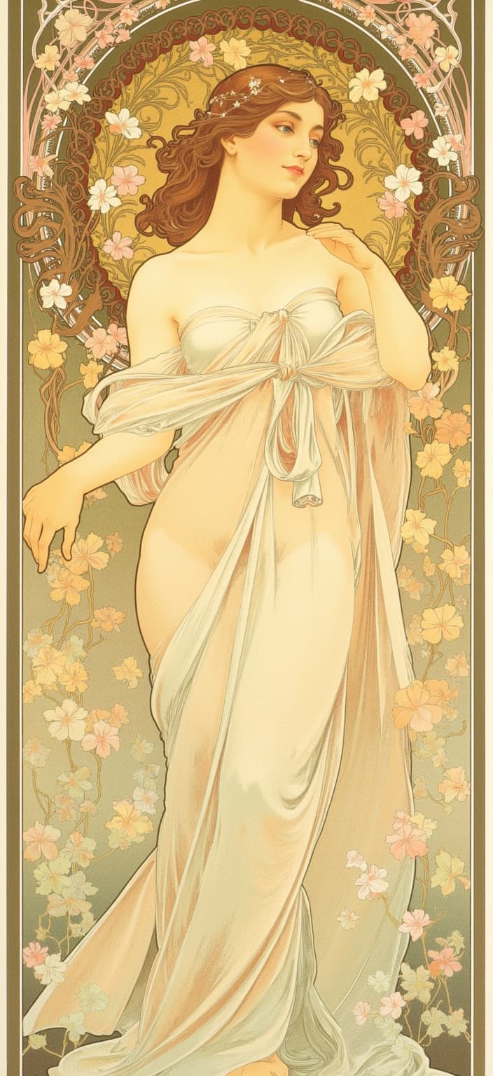 mucha, In the enchanting style of Alphonse Mucha, envision a radiant spring morning scene that captures the essence of renewal and beauty. At the center of this artwork, a graceful young woman is depicted in flowing pastel robes that cascade around her with an ethereal grace. Her serene presence is enveloped by a profusion of blooming cherry blossoms and delicate vines, each petal and leaf meticulously detailed to evoke a sense of vibrancy and life.
Soft golden sunlight filters through the scene, casting gentle, luminous highlights that dance across the woman's face and attire, enhancing the tranquil ambiance. The air seems almost tangible, filled with morning dew and the gentle whispers of birdsong, creating a sensory tapestry that invites the viewer into this serene morning idyll.
The background is a masterpiece of Art Nouveau inspiration, featuring flowing, organic lines and intricate decorative patterns. These elements merge seamlessly with natural motifs—flowers, vines, and subtle celestial elements—forming a dreamlike, romantic aesthetic. This composition is enriched further with Mucha’s signature blend of delicate colors and exuberant floral motifs, weaving together sinuous vines, blooming flowers, and subtle geometric patterns. These enhancements add a refined, ornamental quality to the artwork.
To unify the piece and invite the viewer deeper into this poetic harmony between nature and human emotion, the entire scene is enclosed within an elaborate ornamental frame. This border, reminiscent of a grand Gothic window, is adorned with sweeping curves and detailed embellishments. Organic patterns, flowers, and celestial symbols gracefully intertwine, serving as a gateway into this dreamlike realm.
This painting, with its crisp and clean composition, is designed to be a digital wallpaper, bringing a touch of timeless elegance and natural beauty into any digital space.