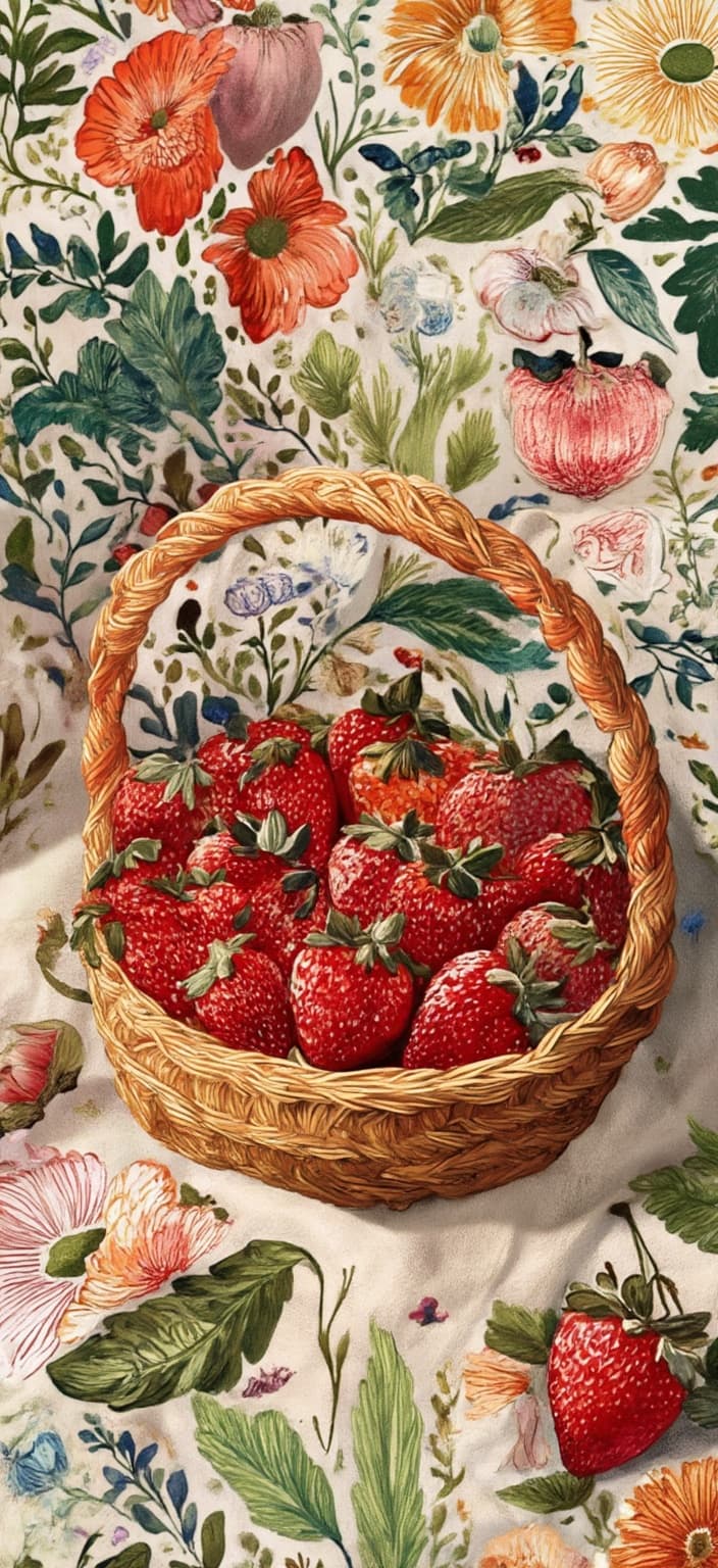 colorful_illustration, In the center of the image, a handwoven basket brimming with ripe strawberries sits gracefully atop soft, creamy linen. Each strawberry is painted with a vibrant red hue, dotted with tiny seeds and crowned with lush green tops, capturing their juicy ripeness. The basket itself is intricately detailed, showcasing the meticulous craft of weaving, with natural fibers forming a snug cradle for the fruit.
Basking in warm, golden light, the scene radiates a cozy cottagecore vibe, inviting a sense of nostalgia and comfort. This warm ambiance is further enhanced by the gentle shadows cast by the strawberries and basket, adding depth and dimension to the artwork.
The background is alive with an array of organic shapes and decorative elements, harmoniously scattered across the canvas. Various leaves and floral elements dance around the central composition, their vibrant greens and colorful petals contrasting beautifully with the red of the strawberries. The intricate composition draws inspiration from Scandinavian folk art and mid-century botanical prints, where bold organic shapes meld seamlessly with delicate details.
The lavish layering of colors and patterns creates a sense of depth and movement, with ornamental elements like dots, swirls, and abstract motifs skillfully interwoven throughout the background. This decorative style lends a playful, dynamic, and hand-drawn feel, capturing a sense of joyful abundance and intricate artistry.
Designed as a digital wallpaper, the image is centered to ensure a crisp, clean look suitable for screen backgrounds, transforming any digital device into a window to a lush, vibrant world where nature's bounty is celebrated in style.