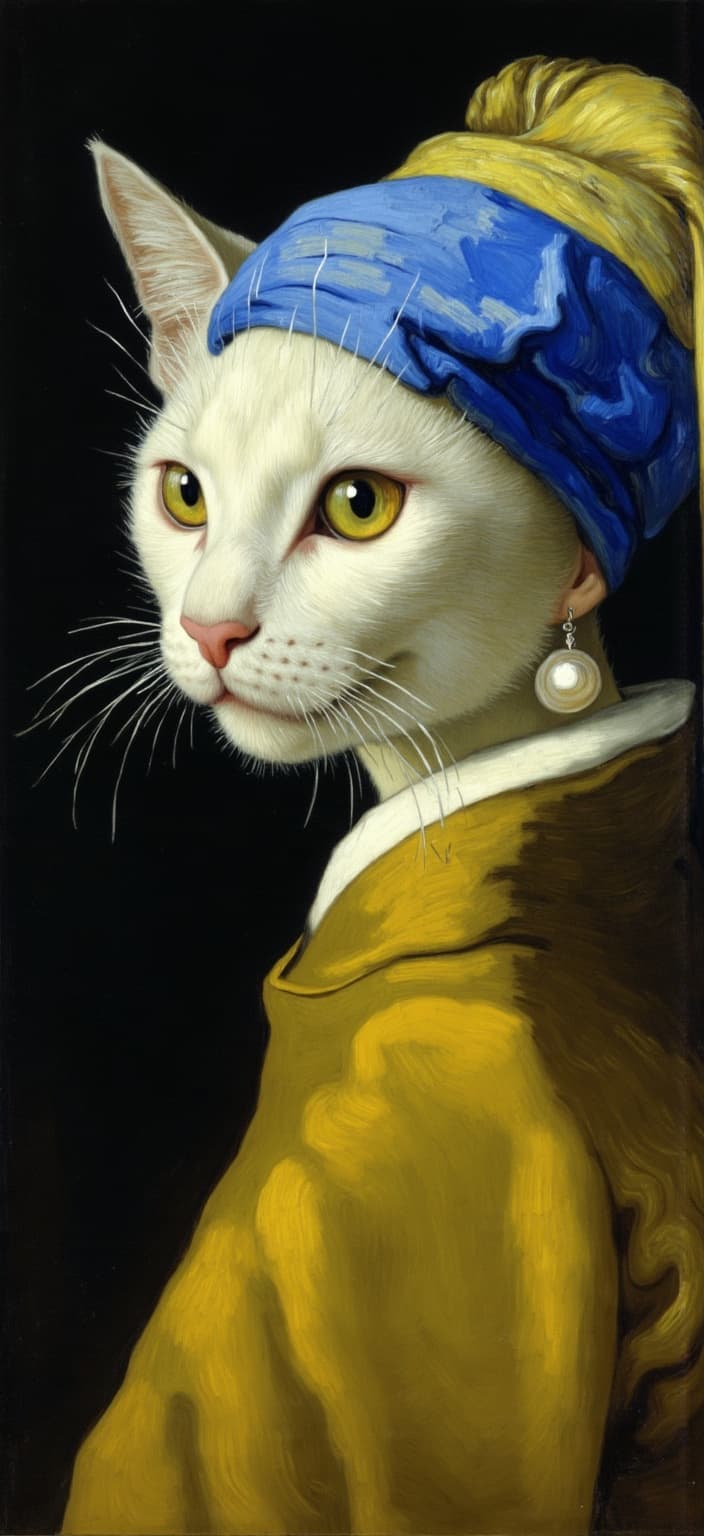 van_gogh, A captivating digital wallpaper featuring a white cat with large, expressive eyes, gracefully embodying Vermeer’s ‘Girl with a Pearl Earring’. The feline, exuding an air of elegance and mystery, is dressed in a golden-brown robe that flows with meticulous detail, alongside a striking blue and yellow headscarf that frames its gentle face. A magnificent, oversized pearl earring dangles delicately, capturing the subtle interplay of light and shadow. The painting draws from the classical Dutch Baroque style, with an emphasis on realism and fine detail, creating a serene and refined atmosphere.
This image infuses the traditional with a modern twist by incorporating elements of dynamic color and vigorous brushwork. The background is dark and minimal, yet it bursts with intense, vivid hues applied in thick, impasto layers that bring depth and intensity. Bold complementary color contrasts, such as the interplay of the blues and yellows of the headscarf, heighten the visual impact. The brushstrokes are loose and swirling, reminiscent of curly, flame-like patterns which breathe life and movement into the composition, enhancing the cat's poised yet lively presence.
The result is a piece that combines raw emotion with a sense of urgency, making the artwork both a deeply personal tribute to the timeless masterpiece and universally compelling in its modern execution. This art piece is centered to ensure a crisp, clean look suitable for digital wallpaper, transforming any screen into a portal to a world where classical elegance meets contemporary vibrancy.