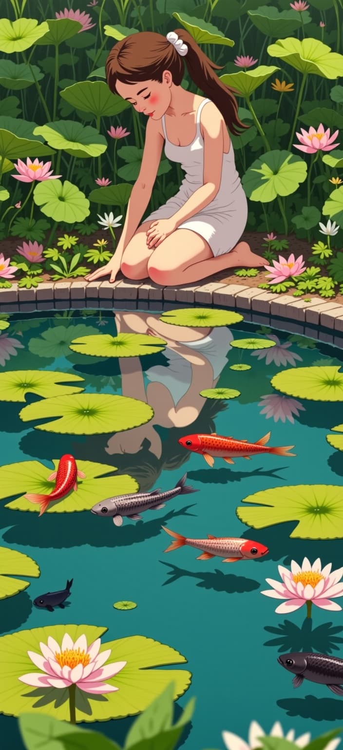 ghibli_illustration, In this enchanting digital painting, a serene fairy is depicted kneeling gracefully beside a tranquil lily pond. Her delicate fingers gently touch the water's surface, sending ripples through the pond, surrounded by vibrant koi fish swimming gracefully and lotus blossoms floating elegantly. The fairy's reflection in the water unfolds into a mesmerizing mirrored Art Nouveau pattern, adding an intricate layer of harmony and beauty to the scene.
Rendered in a style inspired by hand-drawn animation, the composition is imbued with richly detailed backgrounds and expressive character designs. The use of bright colors enhances the whimsical and joyful aesthetic, while soft, painterly textures and subtle pencil sketch imperfections evoke a hand-drawn feel, adding organic movement to the artwork. Warm, natural lighting bathes the scene, creating a cozy and inviting atmosphere.
The color palette is vivid yet slightly muted, avoiding harsh contrasts to maintain the dreamy, nostalgic quality of the painting. Richly detailed backgrounds bring the scene to life, with everyday objects and textures meticulously rendered to make the environment feel tangible and lived-in. The main subjects, carefully proportioned and clearly visible, are centered to ensure a crisp, clean look, making it perfectly suited as a digital wallpaper. This serene and captivating image invites viewers into a dreamlike world where nature and fantasy harmoniously coexist.