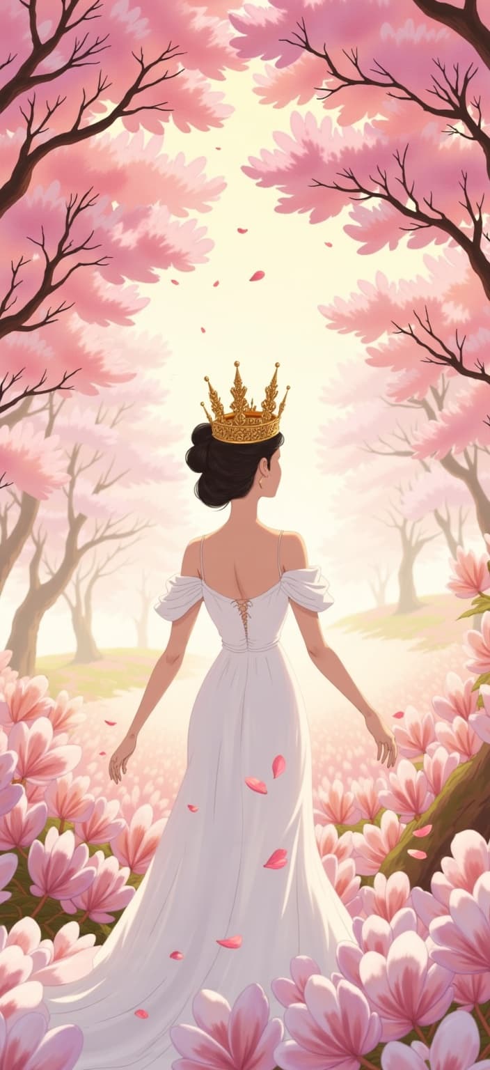 ghibli_illustration, Title: "Magnolia Majesty"
In this enchanting digital painting, a regal figure stands at the center, radiating elegance and grace. The figure wears an elaborate crown intricately woven from magnolia flowers, their delicate petals ranging from soft pastel pinks to shimmering gold accents. These hues softly complement the flowing white gown that cascades towards the ground, capturing the essence of purity and tranquility.
The background, rich and alive with detail, is composed of stylized magnolia branches that frame the central figure. The branches, rendered in a harmonious blend of pastel pinks and gold, bend and sway gently, suggesting a sense of organic movement. The soft painterly textures of the backdrop evoke a dreamy and nostalgic quality, immersing the viewer in a world that feels both tangible and fantastical.
Inspired by the charm of hand-drawn animation, the painting showcases richly detailed backgrounds that pulse with life. Everyday objects and textures are meticulously rendered, adding depth and realism to the scene. The composition employs warm, natural lighting that bathes the figure and the surroundings in a cozy, inviting glow, enhancing the whimsical and joyful aesthetic.
The colors in the piece are vivid yet slightly muted, avoiding harsh contrasts to maintain a cohesive, dreamlike atmosphere. Subtle imperfections—including pencil sketch lines and organic textures—add to the hand-drawn feel, while ensuring the regal figure is accurately proportioned and clearly visible.
Designed as a digital wallpaper, this artwork is centered for a crisp, clean look, making it an ideal choice for enhancing any digital space with its captivating and serene presence.