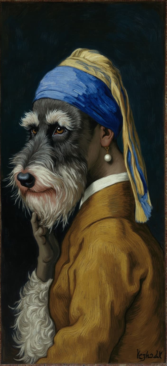 van_gogh, Enriched prompt:

Imagine a captivating digital wallpaper showcasing a Schnauzer dog portrayed with the timeless elegance reminiscent of Vermeer’s ‘Girl with a Pearl Earring’. At the heart of the composition, the Schnauzer is meticulously detailed, highlighting its fluffy black and white beard and soulful eyes, captured in a classic three-quarter pose. Cloaked in a luxurious brown-gold garment, the dog exudes regality, complemented by a blue and cream headscarf that drapes gracefully over its head.

The painting draws inspiration from the intense and vibrant style of Dutch Baroque, infusing it with a dynamic modern twist. The background is dark and moody, setting the stage for a soft, ethereal light that bathes the Schnauzer's expressive face in warmth, creating a stark yet harmonious contrast. The palette is alive with vivid, rich colors—imagine the interplay of deep blues and warm golds, intensified through bold, complementary contrasts like fiery oranges against calming blues.

This artwork thrives on its dynamic brushwork, where each stroke tells a story of movement and energy. The swirling, curly patterns resemble flames dancing around the subject, bringing a rhythmic pulsation as if the painting itself breathes with life. The application of impasto layers adds texture and depth, making the Schnauzer seem almost tangible, inviting the viewer into its world of whimsy and realism.

This digital wallpaper not only captures the soul and character of the Schnauzer but also evokes raw emotion and an urgency, making the work both deeply personal and universally compelling. It is a quintessential blend of classic elegance and contemporary vibrancy, perfect for making a bold yet sophisticated statement in any room.