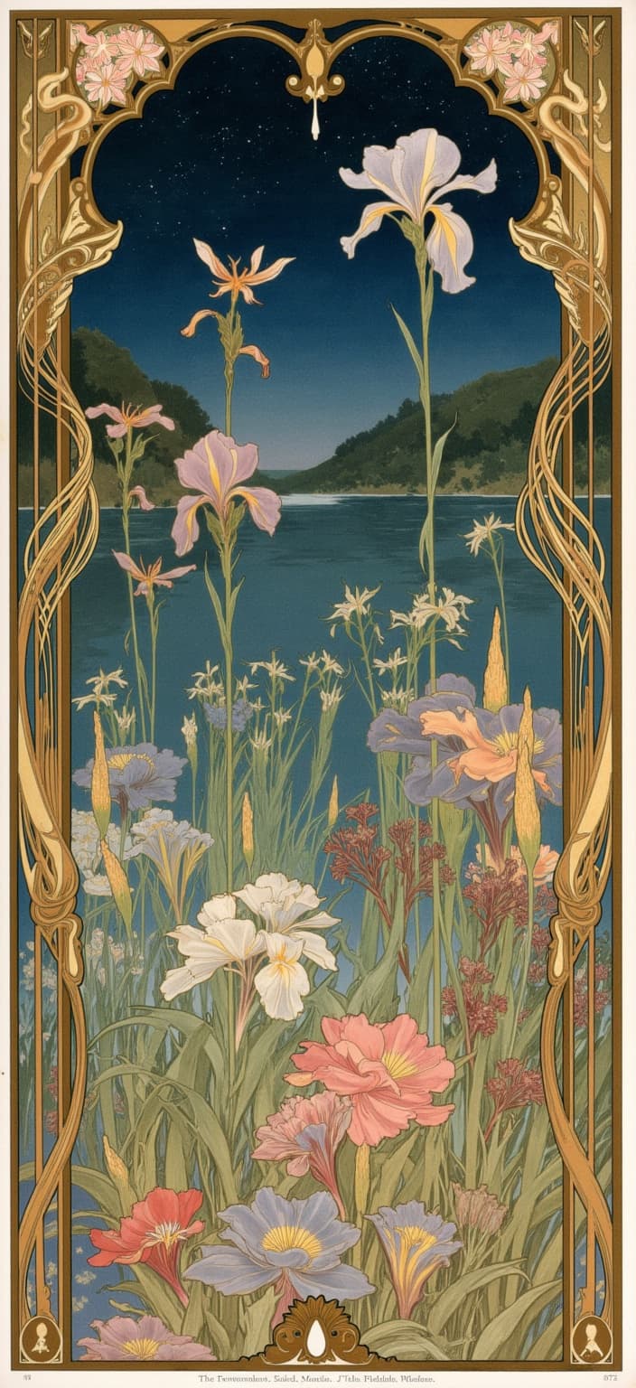 mucha, Enriched Prompt: Imagine a captivating, dreamlike painting that captures the serene beauty of the edge of a tranquil lake, nestled under a mesmerizing starry night sky. This artwork draws inspiration from the iconic Art Nouveau style, particularly the flowing, organic lines and intricate decorative patterns seen in the works of Alphonse Mucha. The scene is a harmonious symphony of nature's elegance, showcasing vibrant iris flowers, slender bullrushes, and delicate reeds swaying gently in the night breeze. Graceful damselflies and dragonflies dance ethereally, tracing intricate patterns as they flit between the flora.
Sinuous vines meander through the composition, interwoven with blooming flowers that explode in delicate hues, evoking a deep sense of romance and tranquility. The background is a masterful blend of art and design, highly stylized to create a surreal, dreamlike aesthetic. It’s an ethereal landscape that melds the boundaries between fine art and decorative elegance.
The painting is enveloped in an elaborate ornamental border, defined by art nouveau whiplash curves and adorned with organic patterns and flowers. This ornamental frame, inspired by the exuberance of Mucha’s style, features asymmetric sides, echoing the complexity and unpredictability of nature. The border serves as a grand, Gothic window into this peaceful and imaginative world.
The overall composition, with its delicate color palette and exuberant floral motifs, is crafted to be a seamless digital wallpaper for a smartphone, ensuring a crisp, clean look that enhances the device's background. This artwork invites viewers into a realm where nature and human emotion coalesce, offering a poetic sanctuary of beauty and peace.