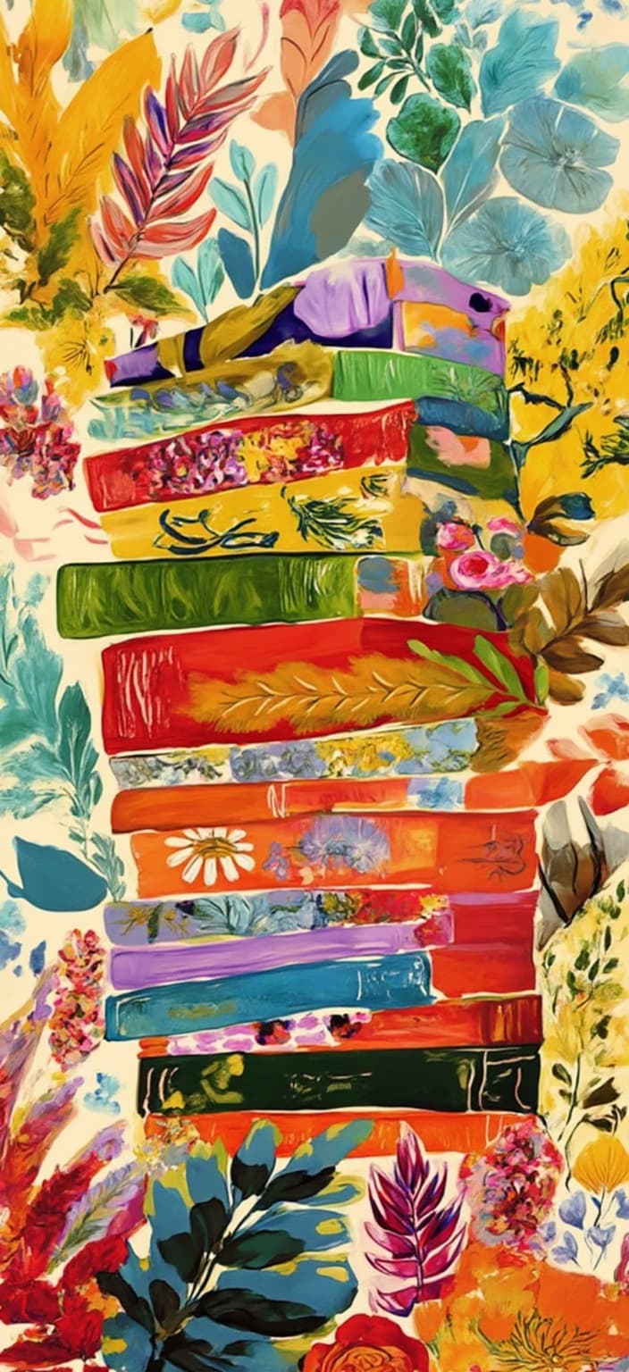 colorful_illustration, Enriched prompt: Visualize a captivating painting centered on a collection of books, each stacked in a whimsical, dynamic arrangement that captures the imagination. Embrace a vibrant and colorful illustration style characterized by a playful, hand-drawn feel. The painting should exude liveliness and energy, with books depicted in bold, rich colors that pop against the canvas, inviting the viewer to explore their pages.
The background should be a tapestry of organic shapes and scattered decorative elements, seamlessly blending with various leaves and floral motifs. These elements flow harmoniously across the art piece, contributing to a natural, free-flowing quality that enhances the design's complexity and charm. This lavish and decorative style should boast an intricate composition, where bold organic shapes beautifully intertwine with delicate details.
Enhance the scene with scattered ornamental elements like dots, swirls, and abstract motifs, lending the image depth and movement. The luxurious layering of colors and patterns imbues the painting with a dynamic, engaging visual appeal. Incorporate organic shapes and radial floral patterns to achieve a harmonious, hand-drawn feel, reminiscent of Scandinavian folk art and mid-century botanical prints.
This artwork, envisioned as a digital wallpaper, should be centered perfectly to ensure a crisp, clean look that elevates any digital display, transforming screens into a canvas of artistic wonder.