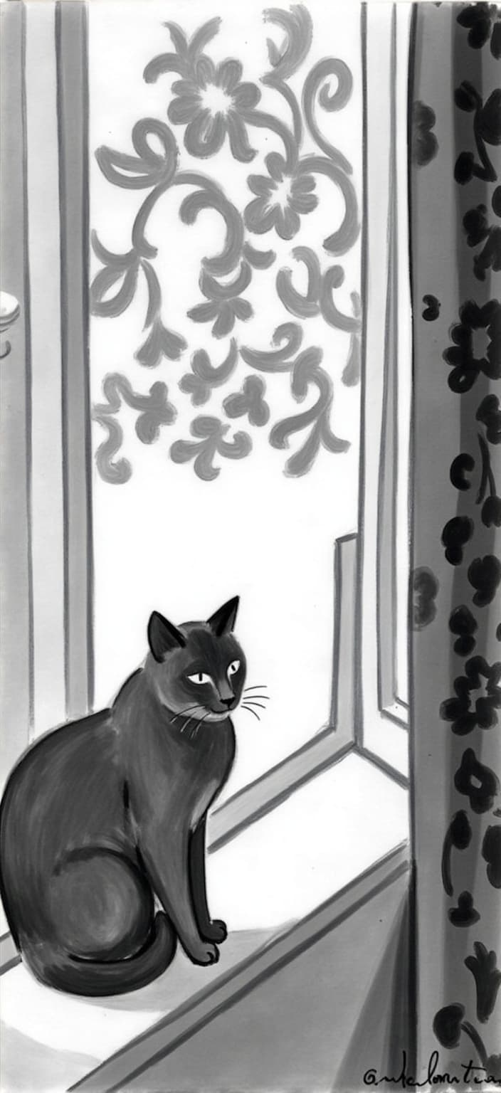 mattise_nice, Create a digital wallpaper that captures the essence of Matisse's vibrant and expressive style, but rendered in a stunning black and white composition. The scene is a tranquil moment, set in a desktop resolution landscape format, perfect for a crisp, clean look on any screen. At the center of the image sits a serene cat, gracefully poised by a large window. The window, elegantly framed, reveals gentle shadows and patterns reminiscent of Matisse's works in Nice, conveying a sense of warmth and tranquility. The soft, flowing lines and the play of light and shadow across the room echo the artist's love for bold, yet harmonious shapes and forms. This monochrome masterpiece is meticulously designed to serve as a captivating and stylish digital wallpaper.