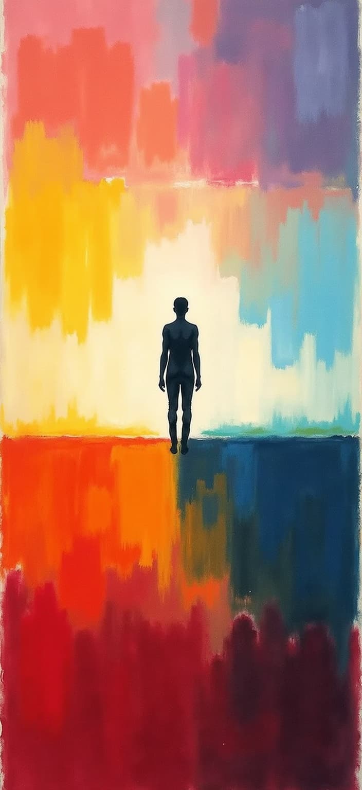 rothko, Create a captivating painting centered around the theme of a Zionist, depicted with a peaceful yet determined expression. The subject stands amidst a serene landscape, symbolizing hope and unity. Surround them with gently flowing landscapes that blur into the horizon, embodying a vision of harmony and aspiration. Capture the essence using a style characterized by the complex layering of translucent colors, allowing light to filter through, giving the painting an appearance of "inner light" and remarkable luminosity. Up close, the colors should seem to melt and fuse together, with blurred boundaries between the shapes, while from a distance, soft-edged rectangles and forms should hover weightlessly on the canvas like floating zones of color. The surface should be richly varied, with paint drips or strokes running in unconventional directions, enhancing the surreal and dreamy quality of the scene. This composition should be perfectly centered to ensure a crisp, clean look, making it ideal for printing as digital wallpaper, where both the intricacies and overall ambiance can be admired in various light settings.