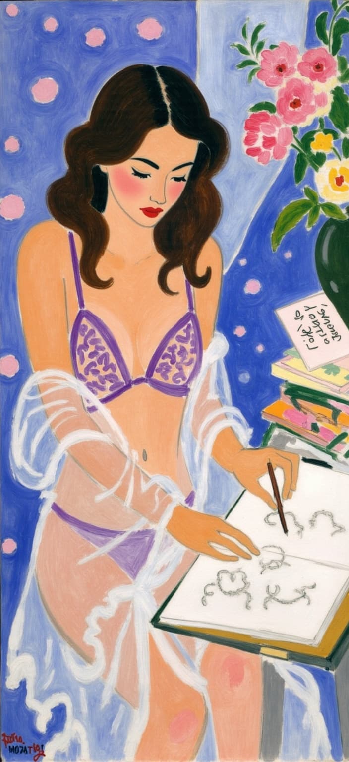 mattise_nice, In the style of Matisse during his time in Nice, imagine a vibrant and bustling loft overflowing with creativity and intimate artistry. This painting centers on a female lingerie designer immersed in her work, embodying both the sensuality and narrative of her craft. Her studio space is a magical disarray of delicate lace tights sketches, intricately embroidered bras, volumes of lingerie pillow books, and stacks of draft papers. The room is a tapestry of soft lavender and pale blue hues that wash over sheer chiffon and lace overlays, their textures echoing the tactile beauty of her creations.
Our protagonist, adorned in a sexy, playful lace dress with floral embroidery, is surrounded by an atmosphere of seductive elegance. Her long sleeves and tight-fitting hot girl skirt provide both a flirtatious and professional air. Moonlight filters through the windows, casting silver threads across her drawing board, illuminating the rich details and exquisite craftsmanship in her designs. Her environment is more than a workspace; it's a living canvas where lingerie becomes the most intimate form of art.
The painting showcases her commitment to creating stories that are woven into the very fabric of her designs. Her open notebook, bound in old leather, lies amidst the chaos, revealing pages filled with technical drawings, scattered thoughts, and poems that exude a restless energy. As she traces the curves of lace with her fingertips, the scene captures the intimate dance between inspiration and creation, between body and art.
Infusing elements of American editorial sketching, the composition incorporates surreal distortion effects that hint at modern beauty culture and Instagram anxiety. This digital beauty is cleverly blended with delicate line art, offering a narrative-rich visual diary that reflects her journey as a designer. Every detail in the painting draws the viewer into her world—a world where threads of temptation, expression, and storytelling intertwine seamlessly.
This evocative scene, centered for digital-wallpaper, serves as a window into the rich and complex tapestry of the designer's life, promising a crisp, clean look perfect for modern digital aesthetics.