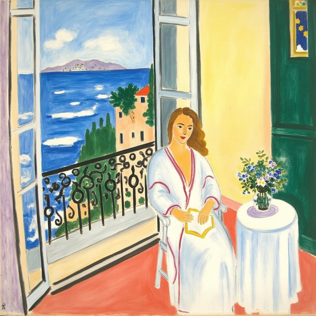 mattise_nice, The painting portrays a serene scene centered on a young woman with long, flowing blonde hair that cascades gently down her shoulders. She is seated gracefully at a table, positioned by an intricately designed balcony that opens up to the vibrant world outside. The balcony, adorned with delicate ironwork, overlooks a sunlit landscape that hints at the gentle waves of the Mediterranean Sea, a signature of the "Matisse in Nice" style.
The room is suffused with warm, airy light that dances across the scene, reflecting off the walls in subtle hues of pastel blues and soft yellows, reminiscent of Matisse's summer palette. The young woman is captured in a moment of quiet contemplation, her expression serene and content as she gazes out towards the horizon, a book delicately poised in her lap.
The table, simple yet elegant, is adorned with a small vase of wildflowers, their vibrant colors contrasting beautifully with the muted tones of the setting. The overall composition is crafted with bold outlines and broad, expressive brushstrokes, evoking a sense of joyful tranquility and timeless elegance.
This art piece, with its harmonious blend of indoor comfort and outdoor beauty, is centered perfectly for a crisp, clean look, making it an ideal choice for wall art that brings a touch of Mediterranean warmth and sophistication to any space.
