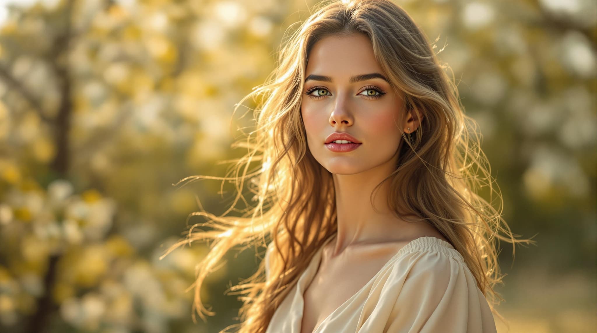 , Create a stunningly realistic portrait of a beautiful woman portrayed in the classical style, capturing the elegance and grace reminiscent of Renaissance paintings. She stands in soft natural light, which envelops her figure, emphasizing the delicate features of her face and serene expression. Her long hair, gently caressed by a soft breeze, flows elegantly, enhancing her ethereal presence. The woman is adorned in a flowing dress, meticulously detailed with delicate fabric textures that ripple with a lifelike realism, each fold and pleat rendered with precision.
The background sets a tranquil, natural scene, with soft-focus trees bathed in the gentle glow of golden hour light, casting a warm, inviting aura across the composition. This cinematic and artistic portrayal elevates the image to an ultra-realistic, high-detail masterpiece, seamlessly blending natural beauty with classical artistry. Every element is meticulously crafted in 4K resolution, ensuring that the image maintains its sharpness and exquisite detail when used as a digital wallpaper, perfect for print or display.