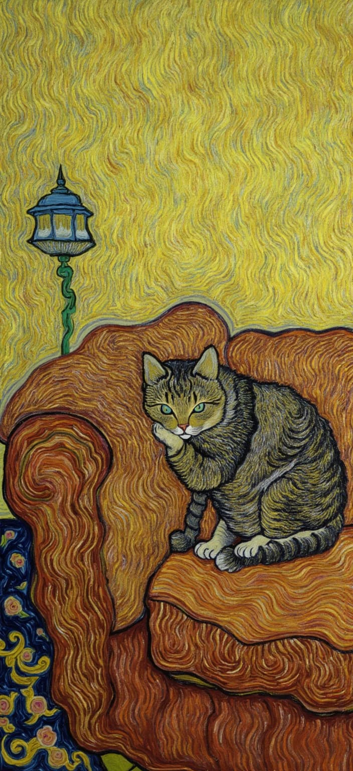 van_gogh, In this captivating painting, the subject is a charming and cute cat lounging leisurely on a plush couch. The scene captures the essence of tranquility and comfort, as the cat's serene posture and relaxed demeanor invite a sense of peace and contentment. This is no ordinary portrayal; the image draws inspiration from a style characterized by intense color and dynamic brushwork. The artist has employed vivid, rich colors applied in thick, impasto layers, creating an illusion of depth and motion, bringing the scene to life with emotional resonance.
The painting utilizes bold, expressive compositions that make use of striking complementary color contrasts, such as blue and orange, or yellow and purple, to heighten visual impact. The background and the couch are depicted in swirling, curly patterns reminiscent of flames, adding a rhythmic, pulsating quality to the artwork. These dynamic touches, combined with vigorous, linear patterns, create a unique sense of motion as if the couch and the environment seem to breathe along with the resting feline.
The brushstrokes are loose, energetic, and purposeful, conveying a sense of urgency and raw emotion that makes the piece both deeply personal and universally appealing. This captivating artwork, centered to maintain a crisp, clean look, is perfectly designed to be printed as a digital wallpaper, ensuring it captivates and enchants anyone who views it, transforming any digital space into a haven of vibrant emotion and dynamic beauty.