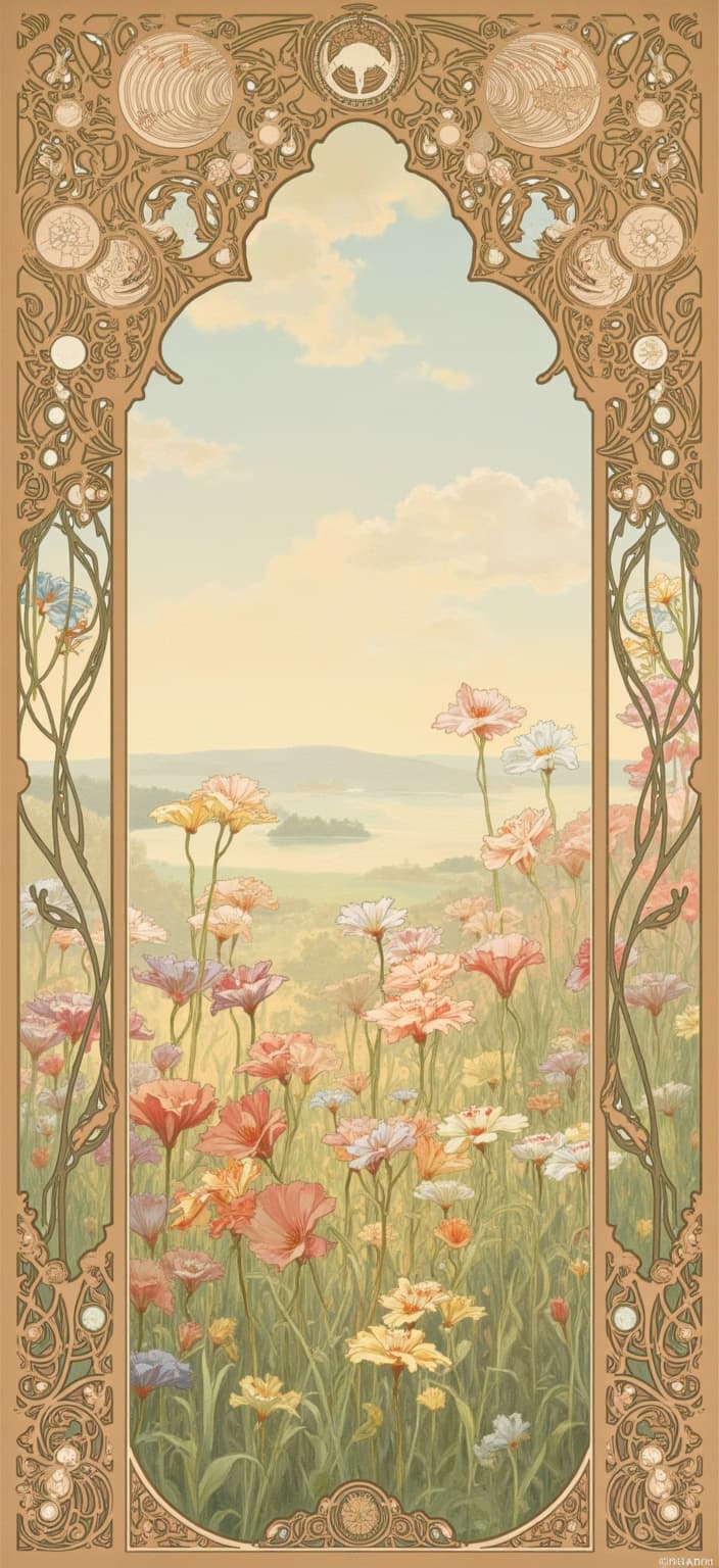 mucha, Enriched prompt: A breathtaking scene unfolds, presenting a dreamy field of wildflowers bathed in the soft glow of morning light. The landscape is adorned with pastel tones, creating a serene and ethereal atmosphere. Inspired by the Art Nouveau style, this painting captures the eye with its flowing, organic lines and intricate decorative patterns. The foreground blossoms with an array of vibrant wildflowers, each elegantly defined, their colors harmonizing with the gentle pastel sky above. The wildflowers display a spectrum of colors, from soft pinks and purples to gentle blues and yellows, arranged with sinuous vines that weave throughout the scene.
Encircling the composition is an elaborate ornamental frame, reminiscent of a grand Gothic window. This frame is a masterpiece in itself, filled with sweeping curves, detailed embellishments, and organic patterns. Flowers and celestial symbols intricately interlace within the border, echoing the motifs found within the field. The background is highly stylized, creating a dreamlike, romantic aesthetic where natural motifs blend effortlessly with fine art and design. The harmonious blend of nature and decor is accentuated by a refined, ornamental quality, reminiscent of Mucha’s signature style.
As a digital wallpaper, the image is centered to ensure a crisp, clean look, ideal for printing. This detailed, romantic portrayal serves as both a visual escape and an artistic gateway into a dreamlike realm, where nature and human emotion are interwoven in poetic harmony.