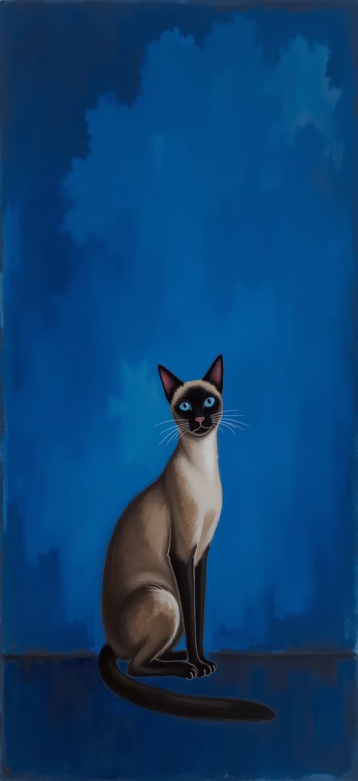 rothko, In the image, a graceful Siamese cat sits elegantly at the center, its sleek form outlined with a subtle yet striking contrast against a dark blue background. The deep azure hue embodies a dreamlike quality, akin to a fantastical landscape that draws the viewer into an ethereal realm. The painting takes inspiration from an intricate style where translucent layers of color are meticulously applied, allowing an ethereal light to permeate from within, creating a sense of 'inner light' that envelops the scene.
The composition is a harmonious blend of blurred boundaries where colors seem to melt and fuse together, crafting an almost mystical transition between the cat and its surroundings. At a close glance, the rich tapestry of colors appears to collide and merge in a seamless dance, while from afar, the soft-edged shapes and forms appear to float weightlessly, giving the entire artwork an illusion of suspended motion and vibrant energy.
The richly varied surface adds depth and complexity, featuring strokes and drips of paint that defy convention, flowing in unexpected directions to enhance the overall dynamism of the image. The dreamlike yet serene setting is perfectly suited for printing as a digital wallpaper, ensuring that the enchantment of this imagined world can be experienced anew each time it is viewed.