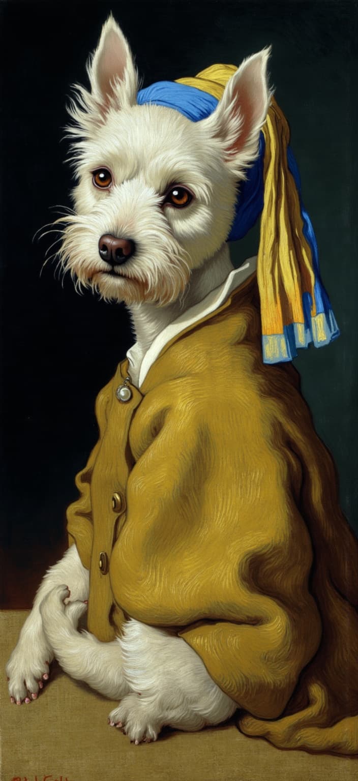 van_gogh, A captivating digital wallpaper featuring a small, fluffy West Highland White Terrier, dressed in a meticulously detailed homage to Vermeer’s ‘Girl with a Pearl Earring’. The terrier is portrayed with expressive eyes brimming with curiosity and intelligence, captured in a classic three-quarter pose. It sits against a dark, moody background that adds depth and focus to the subject, enhancing the painting's baroque realism. The dog wears a sumptuous golden-brown cloak that drapes naturally over its petite frame, paired with a large, flowing headscarf in vibrant blue and yellow hues, reminiscent of Vermeer’s iconic style. A lustrous pearl earring dangles elegantly from its ear, capturing the delicate play of light that Dutch Baroque art is renowned for.
This image draws inspiration from a style known for its intense color, dynamic brushwork, and bold, expressive compositions, infusing the scene with a vivid richness. The colors are applied in thick, impasto layers, creating a sense of movement and emotional depth. Nuanced color contrasts, such as the harmonious clash of blue and orange, and the subtle interplay of yellow and purple, amplify the visual impact and bring intensity to the composition. The brushstrokes are loose and energetic, swirling with curly, flame-like patterns that impart a rhythmic, almost pulsating quality to the portrait. This dynamic touch, combined with vigorous, linear patterns, breathes life and motion into the artwork, embodying a painting infused with raw emotion and a sense of urgency.
The centered layout ensures a crisp, clean presentation suitable for digital wallpaper, allowing the piece to transform any digital screen into a window to the elegance of baroque-inspired whimsy.