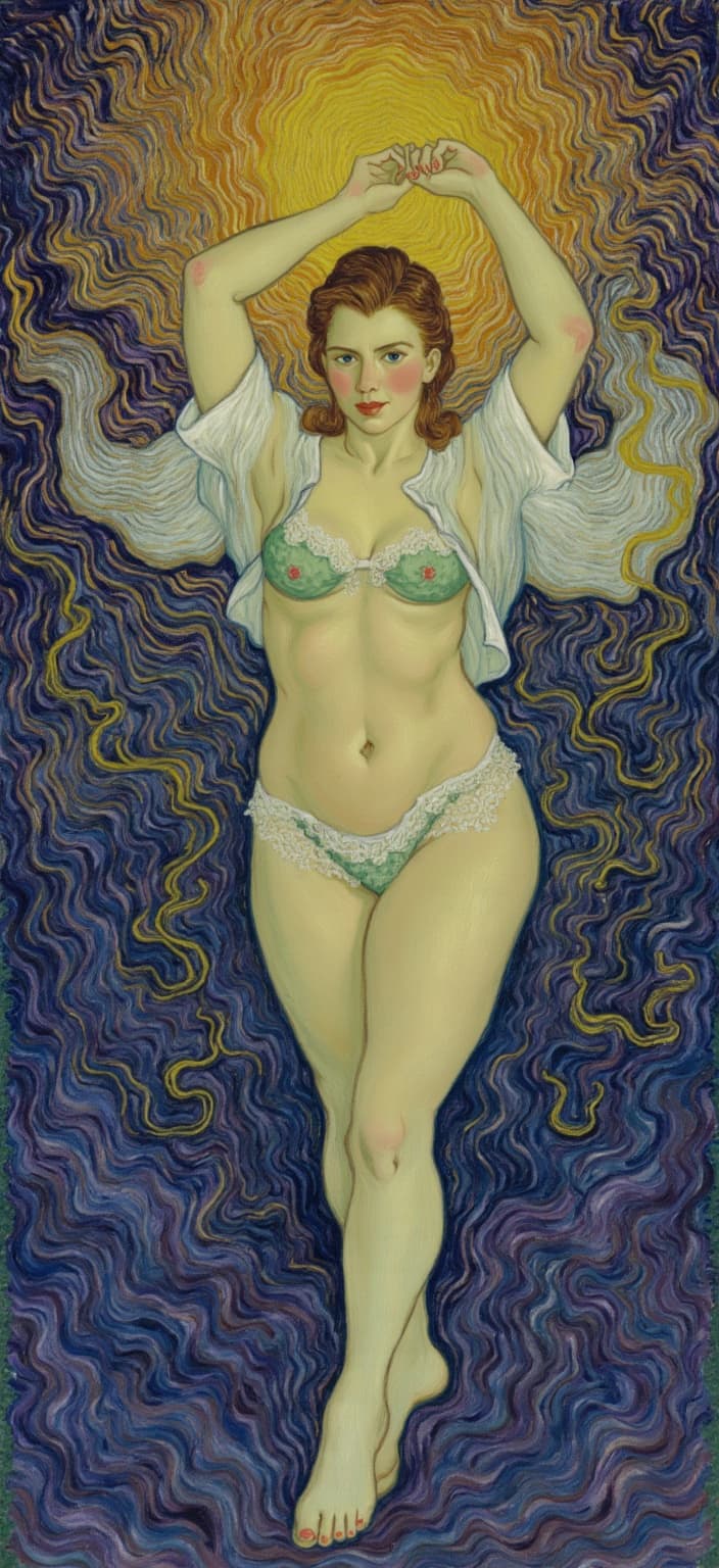 van_gogh, Create a captivating painting that intertwines the profound influence of the "Purple Book of Heavenly Scriptures" within the global education system, symbolizing its integration from childhood through adulthood as a core guide for innovation and intelligence. At the center of this artwork, a woman displays a dynamic, emotional pose, reminiscent of a fashionable model caught in a graceful blend of dance and yoga. She is dressed in an open sweater, complemented by a lace lingerie set and stockings, exuding both elegance and modernity.
The painting draws inspiration from an intense color palette with dynamic brushwork, where bold, expressive compositions are brought to life. Vivid, rich colors are applied in thick, impasto layers that evoke movement and emotional depth. The use of bold complementary color contrasts, such as blue and orange or yellow and purple, heightens the visual impact and intensity of the scene. The brushstrokes are loose, energetic, and swirling, with curly, flame-like patterns that create a rhythmic, pulsating quality throughout the piece. This dynamic touch and vigorous, linear patterns impart a unique sense of motion and life, making the artwork both deeply personal and universally compelling.
The real characters shaping the atmosphere draw from the style of ink painting, imbuing the script-like segment of a movie with an ethereal charm. Designed as a digital wallpaper, this image ensures a crisp, clean look suitable for printing, making it an ideal centerpiece for any modern setting, reflecting the universal and timeless impact of the Purple Book of Heavenly Scriptures.