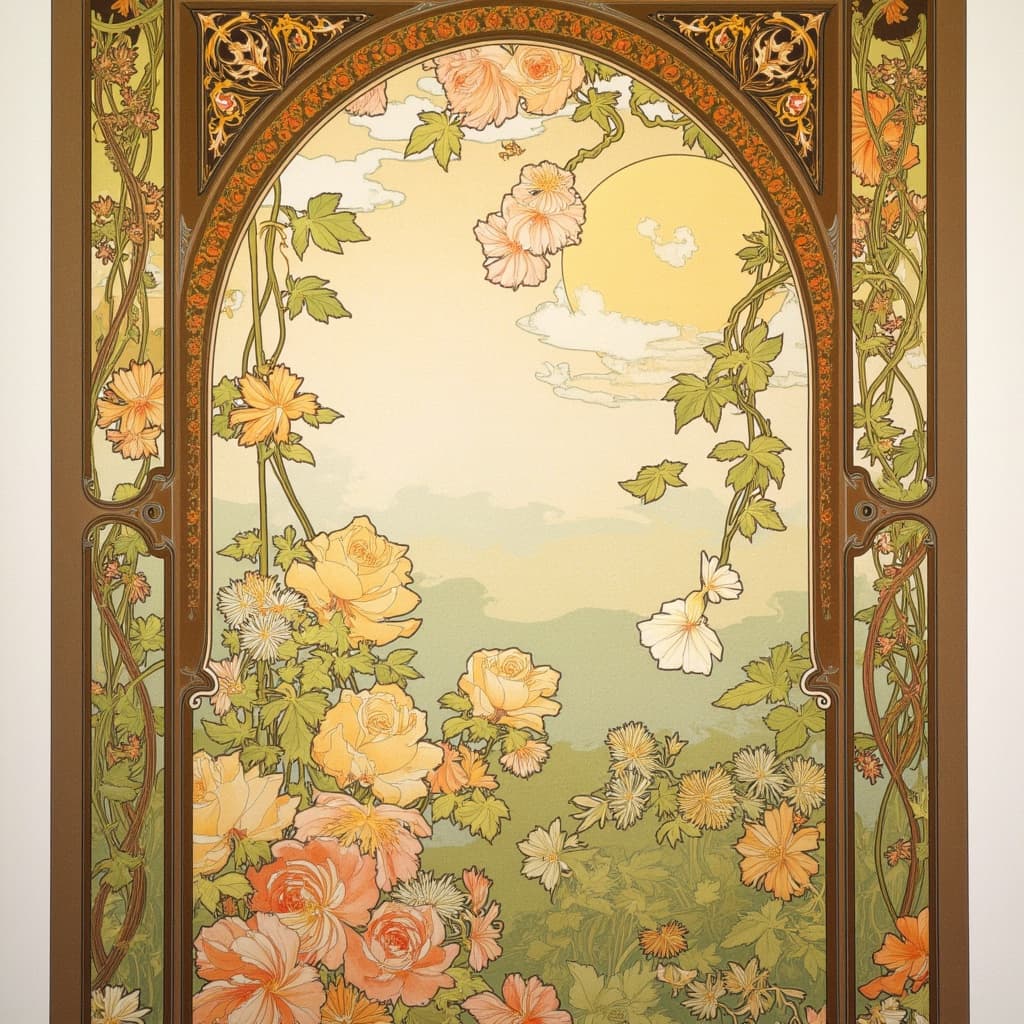mucha, Enriched prompt:
The painting is a breathtaking composition centered on an intricate stained glass window, capturing the essence of nature's beauty through a harmonious blend of flowing, organic lines and intricate decorative patterns. This exquisite piece is rendered in the style of Alphonse Mucha, known for his dreamlike, romantic aesthetic that seamlessly merges fine art with design. The stained glass window comes alive with vibrant natural motifs: sinuous vines weave their way through the scene, intertwining with blooming flowers in an exuberant celebration of floral splendor. Celestial elements, such as delicate stars and soft, swirling clouds, add an ethereal touch to the composition, drawing the viewer deeper into the serene landscape.
The background is highly stylized, offering a chromatic harmony that enhances the overall dreamlike quality of the piece. A palette of delicate colors—soft pastels juxtaposed with richer, earthier tones—infuses the painting with a refined, ornamental quality. Sinuous lines and subtle geometric patterns further enrich the composition, creating a visual tapestry that is both intricate and cohesive.
Encasing the scene is an elaborate ornamental frame, reminiscent of a grand Gothic window. This sweeping border, adorned with detailed embellishments, serves as a visual unifier, drawing together the myriad elements within the painting. The frame's organic patterns echo the natural motifs within, featuring entwined flowers and celestial symbols that act as a gateway into this dreamlike realm. Here, nature and human emotion intertwine in poetic harmony, creating a piece of wall art that invites contemplation and delight.
Designed for wall-art, the composition is centered to ensure a crisp, clean presentation, making it an ideal centerpiece for any space, offering a timeless reflection of beauty and tranquility.