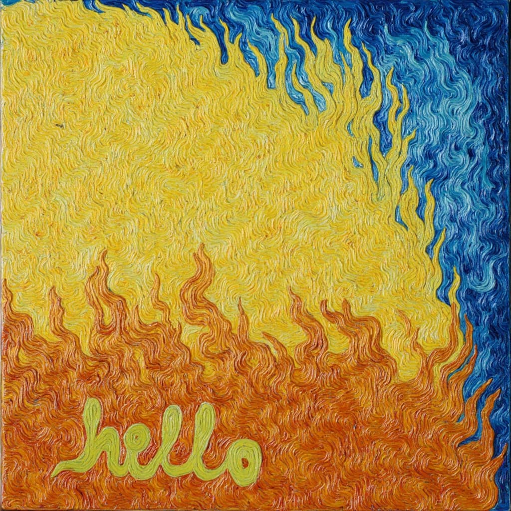 van_gogh, Enriched prompt: Picture a vibrant and compelling wall-art painting that captures the essence of a simple yet evocative greeting, centered around the word "hello". This artwork features intense color and dynamic brushwork, drawing inspiration from a style known for its bold, expressive compositions. The canvas is alive with vivid, rich colors applied in thick, impasto layers, which create a profound sense of movement and emotional depth. The artist has skillfully employed bold complementary color contrasts, such as blue and orange, or yellow and purple, to heighten the visual impact and intensity of the artwork.
The brushstrokes are loose, energetic, and seem to swirl across the canvas, forming curly, flame-like patterns that lend a rhythmic, almost pulsating quality to the scene. There is a dynamic touch to the piece, with vigorous, linear patterns that exude motion and life. This aesthetic is infused with raw emotion and a sense of urgency, making the painting both deeply personal and universally compelling. Ideal for wall-art, this crisp, clean composition is perfectly centered, ensuring it becomes a focal point, radiating warmth and welcome to any space it's displayed in.