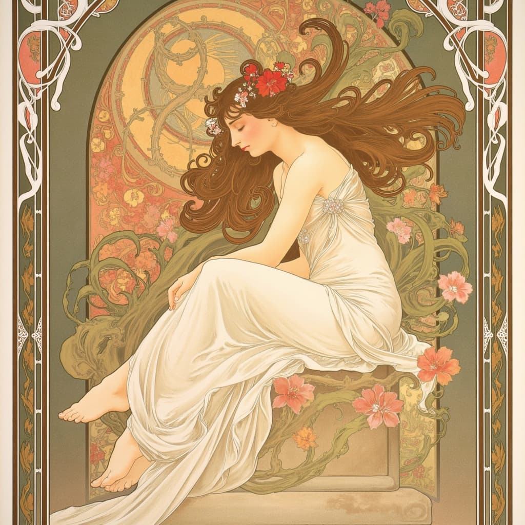 mucha, Enriched prompt: The painting features a beautiful woman seated gracefully at the heart of the composition, exuding elegance and serenity. Her flowing hair, cascading like silk, is interwoven with intricate decorative patterns of vines and delicate flowers, creating a sense of movement and vitality. Her gown, composed of soft, flowing fabrics, is adorned with a harmonious blend of natural motifs, including blooming flowers and celestial elements, evoking a sense of romance and ethereal beauty.
The background is a highly stylized tapestry of colors and forms, drawing inspiration from the Art Nouveau style characterized by flowing, organic lines. Encompassing the composition is an elaborate ornamental frame, reminiscent of a grand Gothic window, its sweeping curves embellished with organic patterns, flowers, and celestial symbols. This intricate border serves not only as a visual unifier but also as a gateway into a dreamlike realm where nature and human emotion intertwine in poetic harmony.
Delicate colors, including pastels and rich earth tones, permeate the scene, adding depth and refinement. The woman's serene expression and the subtle interplay of light and shadow on her features contribute to the painting's dreamlike, romantic aesthetic. This art piece is meticulously crafted to be centered, ensuring a crisp, clean look, perfectly suited for printing as exquisite wall art.