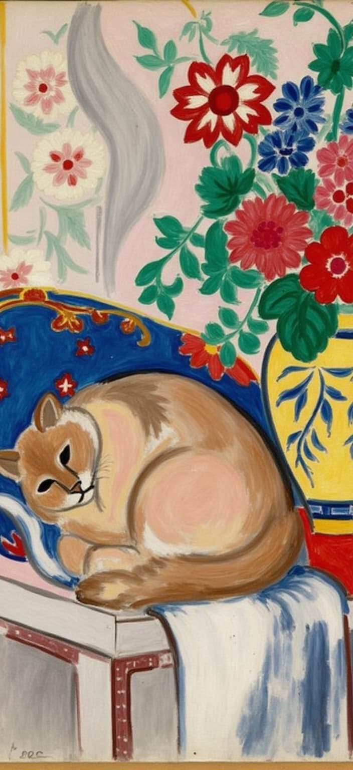 mattise_nice, Title: "Serenity on the Couch"
Enriched prompt: In this captivating digital painting, the essence of Matisse's "in Nice" style imbues the scene with vibrant colors and bold patterns. At the center is a charming and fluffy cat, lounging gracefully on a sumptuous couch. The cat's soft fur glistens with a spectrum of warm hues, each brushstroke capturing its gentle, content demeanor. Positioned next to the feline is an elegantly crafted vase, painted with intricate patterns reminiscent of Matisse's love for decorative elements. The vase holds a bouquet of wildflowers, their petals exploding with vivid, contrasting colors that echo the Mediterranean influence of Nice.
This harmonious composition is set against a backdrop of abstract shapes and fluid lines, typical of Matisse's work during his time in the French Riviera. The scene is bathed in natural light, casting soft shadows that enhance the textures and details. Every element of the painting is meticulously balanced, ensuring a crisp and clean presentation, perfect for a digital wallpaper. Whether viewed on a screen or printed, this artwork promises to bring a touch of classic elegance and warmth to any space.