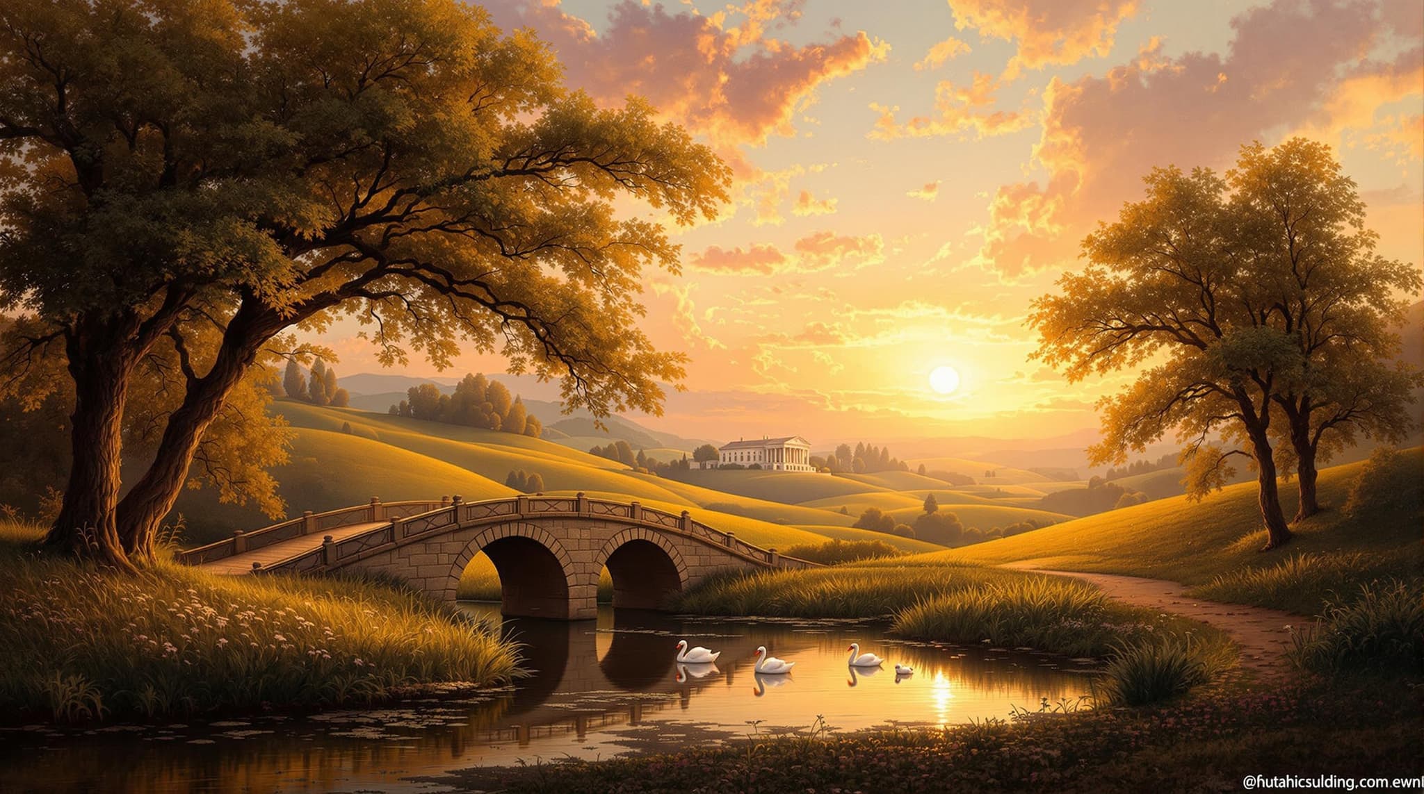 , A captivating digital wallpaper designed for mobile devices, set in the grandeur of classical style. The painting features an idyllic pastoral scene, bathed in the golden glow of a setting sun that casts a gentle, warm light across rolling hills. In the foreground, a small, serene lake reflects the rich colors of the sky, creating a harmonious blend of orange, pink, and purple hues that stretch into the horizon. Majestic oak trees frame the scene, their leaves whispering with the breeze, and offering glimpses of an ancient stone bridge that arches gracefully over a gentle stream. A family of swans glides elegantly across the water, adding a sense of tranquility and natural beauty. The background reveals a distant classical villa, its silhouette softened by the mist of dusk, evoking a sense of nostalgia and timelessness. This centered composition ensures a crisp, clean look, ideal for a mobile digital wallpaper, providing a touch of elegance and serenity to any device.