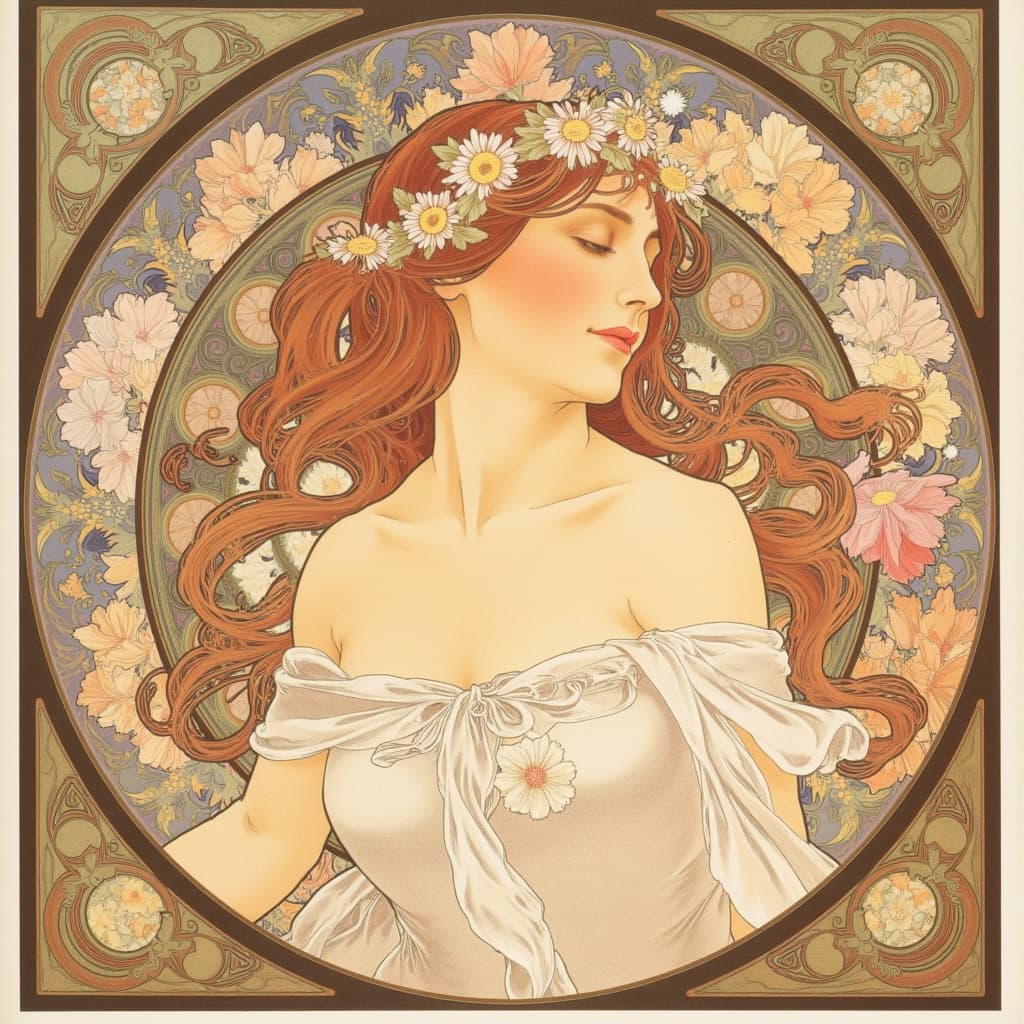 mucha, The painting showcases an elegant woman with flowing hair that cascades in graceful, undulating waves, intertwining with an array of vibrant flowers and sinuous vines. Her serene expression exudes an ethereal beauty, her delicate features framed by the lush floral crown that rests upon her head. The flowers, in full bloom, exhibit a rich tapestry of colors, each petal meticulously defined, creating a harmonious blend of natural motifs that evoke the essence of spring.
Drawing inspiration from the style of Alphonse Mucha, the artwork is crafted with flowing, organic lines and intricate decorative patterns. The composition is set against a highly stylized background depicting a dreamlike, romantic aesthetic. The backdrop seamlessly merges fine art with design, featuring celestial elements such as soft, glowing stars and gentle swirling clouds that further enhance the otherworldly atmosphere of the scene.
The color palette is a delicate balance of pastels, with soft pinks, lavenders, and gentle greens punctuated by occasional deeper hues, adding depth and dimension. The elegance of the woman's attire is emphasized through subtle geometric patterns, and the flowing fabric of her gown mirrors the natural curves of her surroundings.
Encasing the entire scene is an elaborate ornamental frame reminiscent of a grand Gothic window. This frame, with its sweeping curves and detailed embellishments, is adorned with organic patterns, flowers, and celestial symbols, serving as both a visual unifier and a gateway into this dreamlike realm. The border's intricate design echoes the harmonious interplay between nature and human emotion, inviting viewers to immerse themselves in this poetic harmony.
Perfectly centered and crafted with precision, this wall-art piece is designed to be a striking focal point, suitable for adding an air of sophistication and beauty to any space.