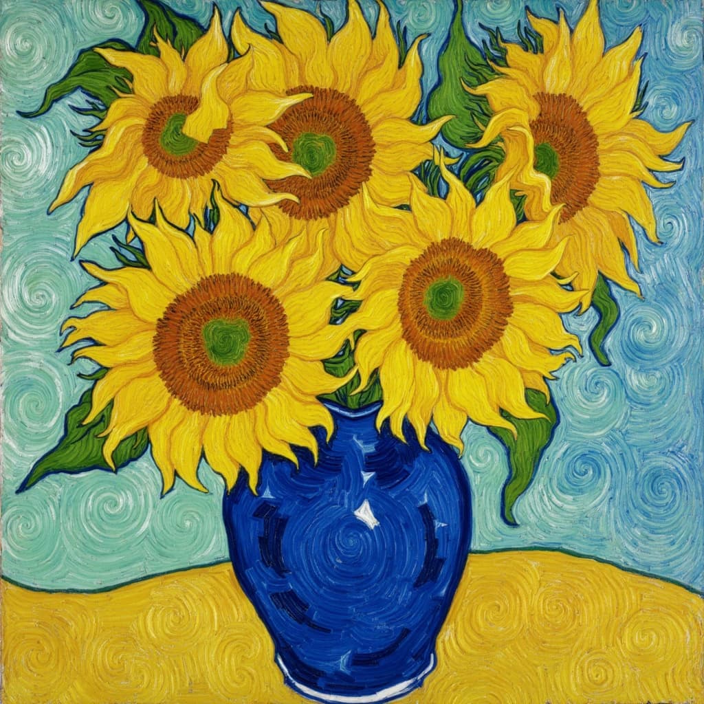 van_gogh, The painting captures an exquisite composition of vibrant sunflowers gracefully arranged in a striking blue vase. Each sunflower boasts petals painted in vivid, intense yellows with subtle variations to showcase their natural beauty and the warmth of a summer's day. The sunflowers' large, expressive heads and lush green leaves are brought to life through dynamic brushwork and bold, expressive compositions, evocative of a lively garden in full bloom.
The blue vase, central to this artwork, is painted with rich, thick impasto layers that contrast spectacularly with the golden hues of the flowers. It shimmers with various shades of blue, from deep indigo to subtle azure, which create a harmonious yet bold interplay with the sunflowers, heightening the visual impact and intensity of the scene.
Infused with raw emotion and a sense of urgency, the painting's background complements the floral arrangement, offering swirling, flame-like patterns that evoke a rhythmic, pulsating energy. This dynamic touch, combined with vigorous, linear patterns, imparts a unique sense of motion and life, as if the flowers themselves are swaying gently with an unseen breeze.
The brushstrokes are loose and energetic, creating an almost tactile experience, and the bold complementary color contrasts of blue and yellow add to the dramatic visual tension and depth. This artwork, steeped in personal emotion and universal appeal, is designed to be centered, allowing its crisp, clean lines and vibrant colors to be ideal for a digital-wallpaper, transforming any space with its lively essence and emotional richness.