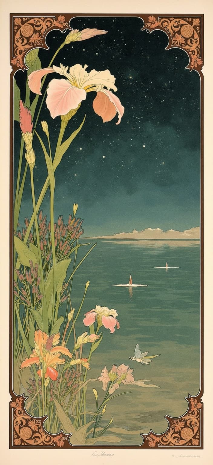 mucha, Enriched prompt:
Imagine a dreamlike painting capturing the serene edge of a tranquil lake, gently nestled under a mesmerizing starry night sky. This image draws deep inspiration from the flowing, organic lines and intricate decorative patterns of the Art Nouveau style, channeling the essence of Alphonse Mucha's masterpiece works. Completely devoid of human presence and architectural structures, this scene celebrates the purity of nature's untouched beauty.
In the foreground, a lush tapestry of iris flowers, bullrushes, and reeds emerge, each plant rendered with exquisite detail. Sinuous vines and a cascade of blooming flowers weave gracefully throughout the composition, their organic forms echoing the celestial elements above. The harmonious color palette enchants with its delicate hues, evoking a profound sense of romance and tranquility.
The lake's shimmering surface reflects the vast, starry expanse with a highly stylized, ethereal quality that blends fine art with intricate design, forming a dreamscape that invites contemplation. The background is a poetic fusion of nature's beauty and celestial wonder, setting the stage for an otherworldly ambiance.
Framing this enchanting scene is an elaborate ornamental border, brimming with art nouveau’s iconic whiplash curves and adorned with organic patterns and floral motifs. Each side of the frame is unique, eschewing symmetry to enhance the dynamic flow of the design. A strikingly large iris flower boldly breaches the frame on the left-hand side, drawing the viewer's eye with its vibrant presence. Nearby, a majestic dragonfly perches with its wings spread wide, facing the prominent iris in a poignant moment of interaction, while another large dragonfly hovers gracefully below, adding to the composition's delicate balance.
This artwork is designed for a digital wallpaper, perfect as a sophisticated and enchanting background for a smartphone. The intricate border acts as a gateway into this dreamlike realm, inviting viewers to lose themselves in a world where nature and emotion meet in poetic harmony.