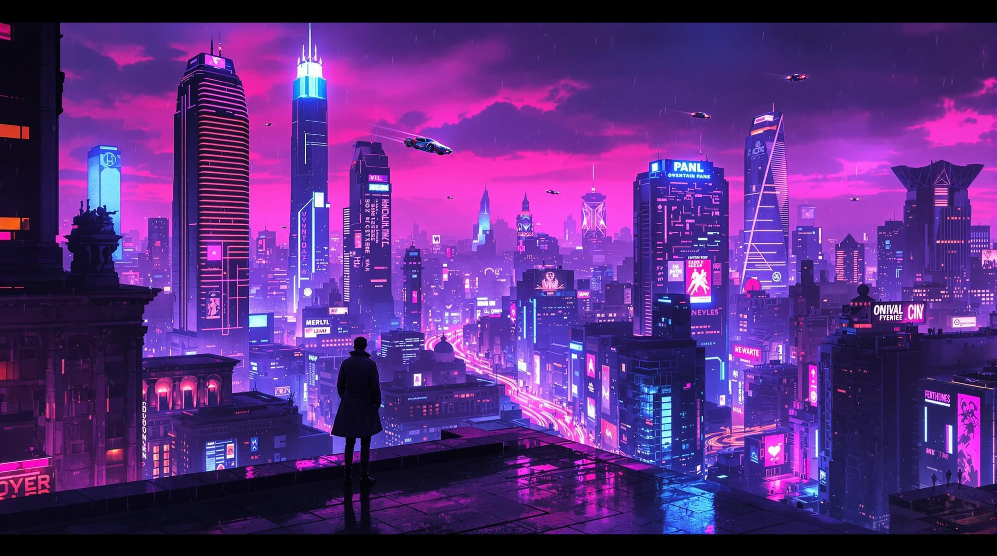 , In this digital painting designed for a stunning digital wallpaper, envision an extraordinary fusion of classical artistry and futuristic cyberpunk allure. The scene unfolds in a sprawling, ultramodern cityscape under the shroud of night, bathed in a mesmerizing interplay of glowing neon lights. Rich hues of pink, blue, and purple cast their vibrant glow across the canvas, inviting the viewer into a realm where the classical meets the futuristic.
Towering skyscrapers, reminiscent of classical architectural magnificence but adorned with cutting-edge design, pierce the skies. Their facades are adorned with holographic advertisements that flicker and dance, adding an ethereal quality to the scene. The sky above is abuzz with sleek, aerodynamic flying cars that glide effortlessly, leaving trails of light in their wake.
The rain-slick streets below shimmer with reflections of the neon brilliance above, their wet surfaces capturing the city's pulsating energy. This reflective quality echoes the meticulous attention to detail found in classical paintings, yet enhances the cyberpunk aesthetic. A lone figure, clad in a trench coat, stands atop a rooftop. This enigmatic character surveys the city below, their presence adding an air of mystery and introspection reminiscent of a classical hero set against a futuristic backdrop.
The piece employs high detail, painted with a cinematic lighting technique that emphasizes both grandeur and intimacy. The ultra-wide aspect ratio invites the viewer to immerse themselves fully in this world, echoing the expansive vistas of classical landscapes. Rendered in 4K resolution, every brushstroke reflects a Blade Runner-inspired aesthetic, ensuring the work not only honors its classical roots but also embraces the bold, inventive spirit of cyberpunk. Perfect for a digital wallpaper, this art piece promises to transform any screen into a window to a vividly imagined future.