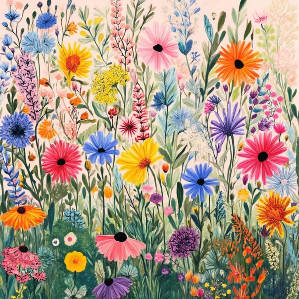 colorful_illustration, The painting is a vibrant and colorful illustration of wildflowers, each petal and leaf meticulously detailed to capture the essence of a lush meadow in full bloom. The wildflowers are depicted in a variety of shapes and sizes, showcasing an array of rich, vivid colors that seem to dance across the canvas. The composition draws inspiration from playful and dynamic styles, offering a hand-drawn feel that exudes whimsy and creativity.
The background is a graceful tapestry of organic shapes, interwoven with scattered decorative elements that enhance the natural beauty of the scene. Various leaves and floral elements are arranged harmoniously across the canvas, adding a free-flowing, serene quality to the design. The lavish, decorative style is evident in the intricate composition, which blends bold organic shapes with delicate, carefully crafted details.
Scattered throughout the painting are ornamental elements such as dots, swirls, and abstract motifs, all contributing to a luxurious layering of colors and patterns that create a sense of depth and movement. This tapestry-like effect invites viewers to explore the painting in detail, discovering new intricacies with each glance.
The overall aesthetic is reminiscent of Scandinavian folk art and mid-century botanical prints, where the organic shapes and radial floral patterns create a harmonious and timeless hand-drawn feel. The painting is centered perfectly, ensuring a crisp, clean look that makes it ideal for wall art, capturing the essence of nature's beauty in a manner that is both elegant and enchanting.