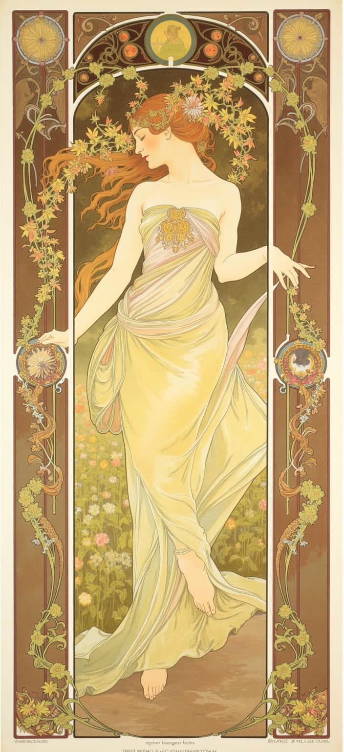 mucha, In Alphonse Mucha’s iconic Art Nouveau style, a graceful woman embodies ethereal beauty as she dances barefoot in a vibrant spring garden at dawn. Her flowing dress, a cascade of soft, translucent fabric, catches the first delicate light of morning, creating a stunning interplay of colors. The garden is a symphony of nature's finest, with blooming flowers in a rainbow of hues, dense clusters of sinuous vines, and the gentle embrace of soft morning mist that weaves through the scene, lending it a serene, mystical quality.
The composition is enriched with the flowing, organic lines and intricate decorative patterns that define the Art Nouveau movement, seamlessly blending natural motifs into the scene. The background is dreamy and romantic, merging fine art with design through highly stylized, almost ethereal elements. The colors are delicate yet vibrant, with a harmonious palette that captures the exuberance of the floral motifs and sinuous vines.
The entire scene is elegantly enclosed within an elaborate ornamental frame, reminiscent of a grand Gothic window. This intricately detailed border, adorned with organic patterns, exuberant flowers, and celestial symbols like delicate stars and moons, acts as a visual gateway into a realm where nature and human emotion intertwine in poetic harmony. This frame not only unifies the artwork but elevates its ornamental quality, making it a perfect digital wallpaper that transforms any space into a timeless sanctuary of beauty and tranquility.