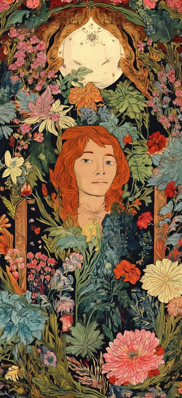 colorful_illustration, A captivating digital wallpaper features a portrait of a woman facing the camera, radiating an aura of elegance and mystery. Her expressive eyes and serene countenance are enhanced by flowing, organic lines reminiscent of Mucha's style, drawing you into her world. Her auburn hair cascades gracefully, adorned with delicate flowers and entwined vines, symbolizing a harmonious bond with nature. Around her neck lies a delicate necklace, its intricate design catching the eye and adding to her enigmatic presence.
The artwork embraces the lavish decorative style, where vibrant and colorful illustrations take center stage. The woman's attire, while understated, is adorned with elegant Art Nouveau motifs, adding visual rhythm and echoing the elegance of the era. The backdrop is a mesmerizing tapestry of celestial elements—ethereal stars and gentle moonbeams—merged seamlessly with swirling mists and ornate geometric patterns, evoking a sense of romantic nostalgia. This dreamlike setting is further enhanced by a vibrant palette of delicate colors, where soft pastels and earthy tones converge, casting an enchanting glow that envelops the entire scene.
Sinuous floral motifs composed of lush vines and blooming flowers weave through the composition, enhancing its refined, ornamental quality. The background is alive with organic shapes and scattered decorative elements, with leaves and floral patterns arranged harmoniously across the canvas, adding a natural, free-flowing quality reminiscent of Scandinavian folk art and mid-century botanical prints.
Encompassing the scene is an elaborate ornamental frame, akin to a grand Gothic window. This intricate border is adorned with ornate curves, organic patterns, and celestial symbols, serving as both a visual anchor and a gateway into this ethereal realm. The composition blends bold organic shapes with delicate details, creating a sense of depth and movement through luxurious layers of colors and patterns. This digital wallpaper transcends its medium, transforming any device into a portal to a dreamlike world where nature and human emotion intertwine in poetic harmony. It's not only a piece of art but a statement of beauty and elegance, perfect for anyone seeking to elevate their screen with a touch of classic sophistication.