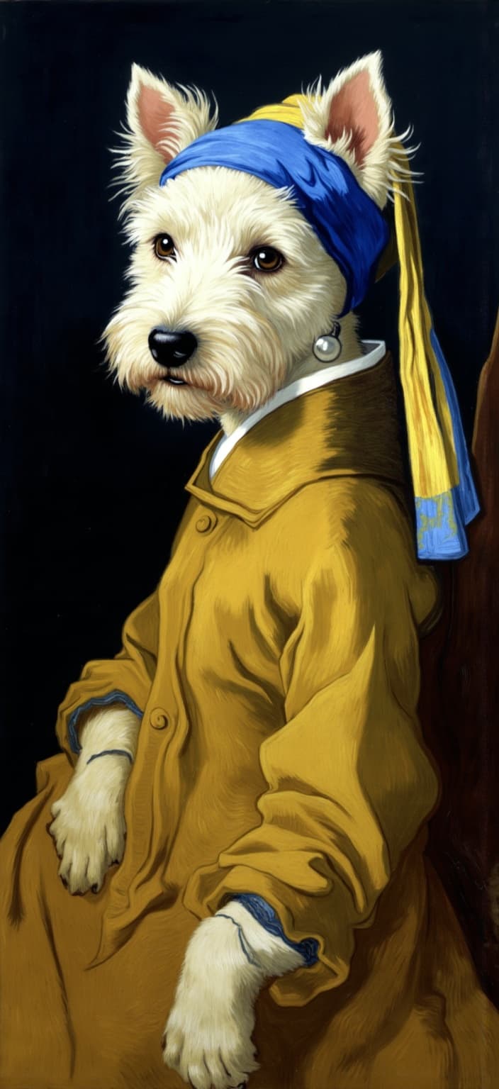 van_gogh, Imagine a captivating digital wallpaper where the star of the show is a delightful West Highland White Terrier, stealing the spotlight with its enchanting portrayal inspired by Vermeer’s iconic ‘Girl with a Pearl Earring’. This endearing, fluffy companion, celebrated for its soulful, expressive eyes, is shown in a refined three-quarter pose, exuding elegance and poise. The terrier is adorned in a golden-brown robe that flows gracefully around its petite frame, while a striking blue and yellow headscarf is wrapped around its head, lending an air of mystery and allure. The large pearl earring, lustrous and perfectly positioned, catches the light with a gentle shimmer, adding a touch of timeless sophistication.
Set against a dark, moody background, the dramatic effect is intensified, bringing forth the charm and grace of the subject—a true homage to Vermeer’s artistry. Drawing inspiration from a vibrant artistic style, the painting bursts with intense color and dynamic brushwork. Vivid, rich hues are applied in thick, impasto layers, evoking a mesmerizing sense of movement and emotional depth. Bold complementary color contrasts define the scene; the blues of the headscarf and the golden-brown cloak resonate against a backdrop hinting at oranges and deep purples, amplifying the visual impact and intensity.
The brushstrokes are loose and energetic, swirling in curls and flame-like patterns that imbue the image with a rhythmic, almost pulsating quality. These vigorous, linear patterns convey a unique sense of motion and life, rendering the scene both deeply personal and universally compelling. The entire composition is carefully centered, ensuring a crisp, clean look ideal for a digital wallpaper, ready to transform any screen into a portal of elegance and artistic flair. This modern interpretation encapsulates the essence of intense color, dynamic brushwork, and bold, expressive compositions, making it a true masterpiece suitable for any art lover’s collection.