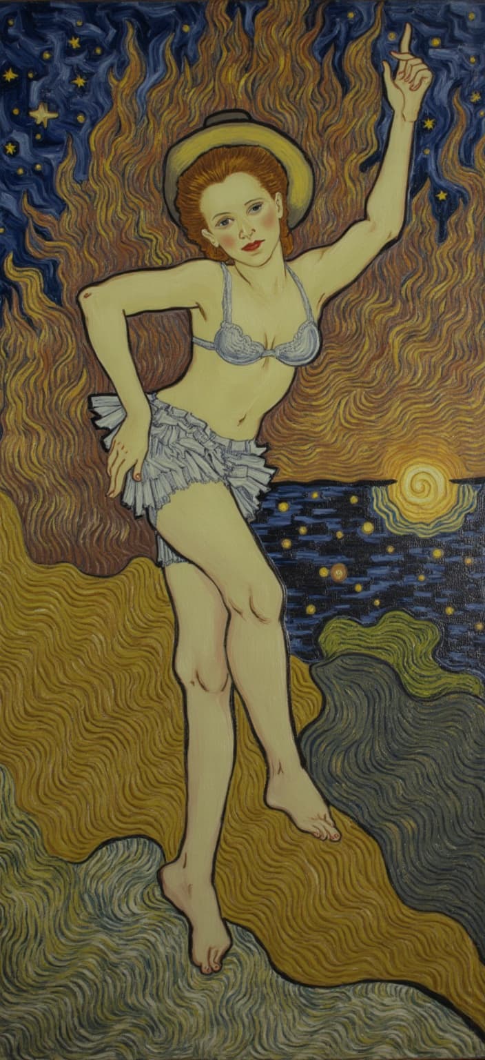 van_gogh, Enriched Prompt: The painting captures a poignant and thought-provoking scene set in the future year of 2025, where Te O Pu, a figure shrouded in mystery and destiny, stands amidst an intense and apocalyptic backdrop. The narrative is deeply entwined with the themes of sacrifice and inevitable fate, as the target, Messiah Maitreya Buddha, faces impending doom. At the center of this dramatic tableau is a woman, embodying rich emotions through her expressive body language, reminiscent of a dance infused with both grace and urgency.
She strikes a fashionable model pose, blending elements of dance and yoga with a dynamic fluidity, her movements alive with the promise of both freedom and entrapment. She is adorned in a short tulle silk ensemble, featuring a Flexible Wire Breathable Bra with Lift & Style properties. This garment, with its Three-quarter cup design, adjustable straps, and back hook-and-eye closure, is detailed with lace cups and crafted from breathable, lightweight fabric. Her attire is completed with a mini skirt and stockings that add an aura of modern elegance.
Interwoven into the painting is the distinct paper-cut style, reminiscent of a script segment from a movie, where real characters bring forth an atmosphere thick with suspense and narrative depth. The backdrop is inspired by Sculpture by the Sea, Bondi Beach, Australia, where outdoor sculptures typically cradle the horizon, enhancing the surreal landscape with an international flair.
The artwork draws inspiration from a style characterized by intense color, dynamic brushwork, and bold, expressive compositions. The vivid, rich colors are applied in thick, impasto layers, creating a sense of movement and emotional depth. Bold complementary color contrasts, such as blue and orange or yellow and purple, heighten the visual impact and lend intensity to the scene. Loose, energetic brushstrokes weave swirling, flame-like patterns, imbuing the painting with a rhythmic, pulsating quality. This dynamic touch, combined with vigorous, linear patterns, injects motion and life, making the artwork both deeply personal and universally compelling.
The composition is meticulously centered, ensuring a crisp and clean presentation, perfect for digital-wallpaper, where every detail is rendered in sharp focus to captivate the viewer and transform any digital screen into a window of vivid storytelling and vibrant emotion.