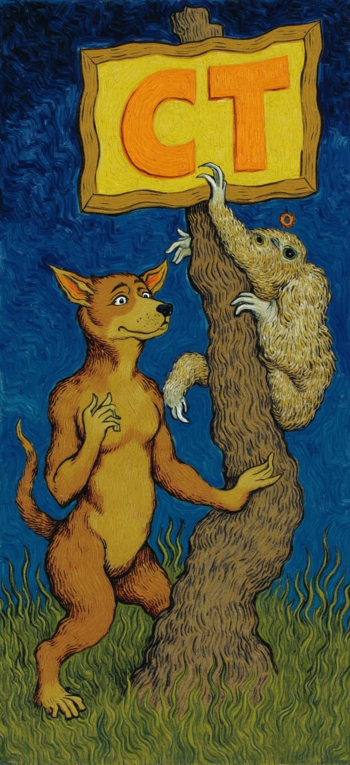 van_gogh, Title: "Courageous Encounter"
Description: Imagine a dynamic, vibrant scene painted with intense emotion and energy, perfect for a digital wallpaper. At the center of this composition is Coraje, a whimsical and slightly anxious dog, depicted with a rich palette of earthy browns and warm oranges. His expressive eyes and vibrant fur come alive against a deep, dark blue background that suggests the vastness of the night sky, creating a striking contrast.
To his right, a curious sloth clings leisurely to a sturdy branch, its fur rendered with swirling, flame-like patterns in a medley of soft browns and rich greens. The sloth's relaxed demeanor complements Coraje's more animated presence, adding a touch of humor and balance to the scene. Their interaction suggests a narrative of unlikely companionship and shared adventures.
Above them, in the swirling, energetic brushstrokes characteristic of the style, a large sign with the letters "CT" is boldly displayed. The letters are painted in a vivid shade of orange, standing out against the blue background, drawing the viewer's eye and adding a layer of mystery and intrigue to the artwork.
The thick, impasto layers of paint give the entire scene a tactile quality, as if the characters could leap from the canvas with their vibrant personalities. The use of bold complementary colors, particularly the interplay of blue and orange, heightens the visual impact, making the viewer feel the emotional depth and motion contained within this whimsical yet powerful universe. This painting is a perfect centerpiece for a digital wallpaper, infusing any space with energy, emotion, and an invitation to explore the stories behind these endearing characters.
