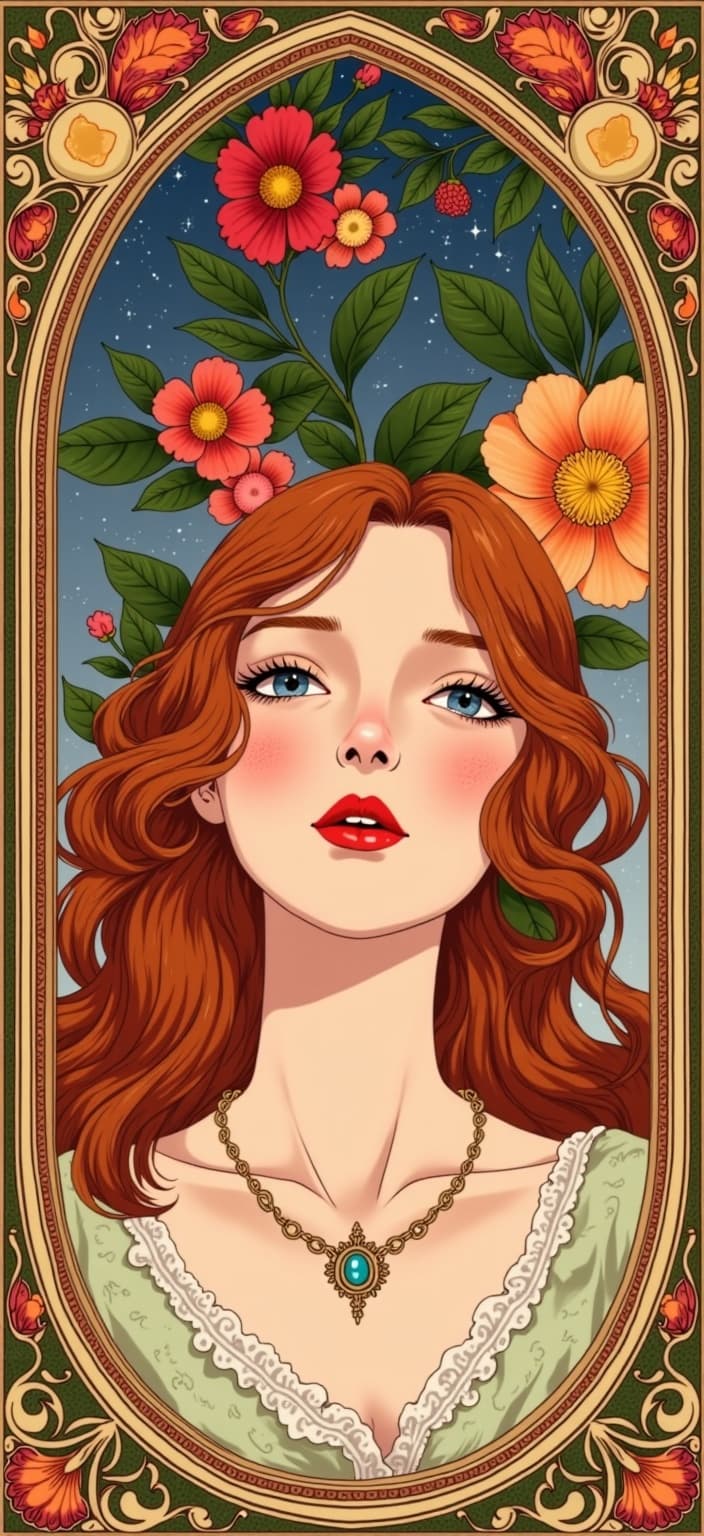 ghibli_illustration, Create an exquisite digital wallpaper featuring a captivating portrait of a woman facing the camera, exuding an aura of elegance and mystery. The artwork captures her serene expression with flowing, organic lines inspired by Mucha’s iconic style, seamlessly integrated into every aspect of the composition. Her auburn hair cascades gracefully, adorned with delicate flowers and vines that symbolize her harmonious connection with nature. This detail resonates with the ornamental essence of Art Nouveau, accentuated by subtle decorative patterns in her attire, creating a visual rhythm that captivates the viewer's gaze.
The centerpiece of the painting is her intricate necklace, a delicate design that catches the viewer's eye, adding to her mystique. In the background, a dreamlike tapestry unfolds, where celestial elements like ethereal stars and gentle moonbeams merge with swirling mists and ornate, geometric patterns. This backdrop evokes a romantic nostalgia, drawing inspiration from a richly detailed, hand-drawn animation style. Vibrant yet slightly muted colors create a warm, inviting atmosphere, maintaining a dreamy, nostalgic quality.
The composition features exuberant floral motifs of sinuous vines and blooming flowers, enhancing its refined, ornamental charm. An elaborate ornamental frame surrounds the entire scene, reminiscent of a grand Gothic window. This intricate border, adorned with ornate curves and celestial symbols, acts as both a visual anchor and gateway into the ethereal realm depicted.
The painting, with its hand-drawn texture and painterly quality, embodies subtle imperfections and organic movement that breathe life into the scene. Warm, natural lighting envelops the main subject, ensuring she is accurately proportioned and clearly visible, while maintaining a cozy, inviting mood. Everyday objects and textures are meticulously rendered, offering a tangible, lived-in feel.
This digital wallpaper is not only a work of art but also a statement of timeless beauty and elegance. It transforms any digital device into a portal to a dreamlike world, making it an ideal choice for those seeking to elevate their screens with a touch of classic sophistication, while harmoniously blending art with technology.